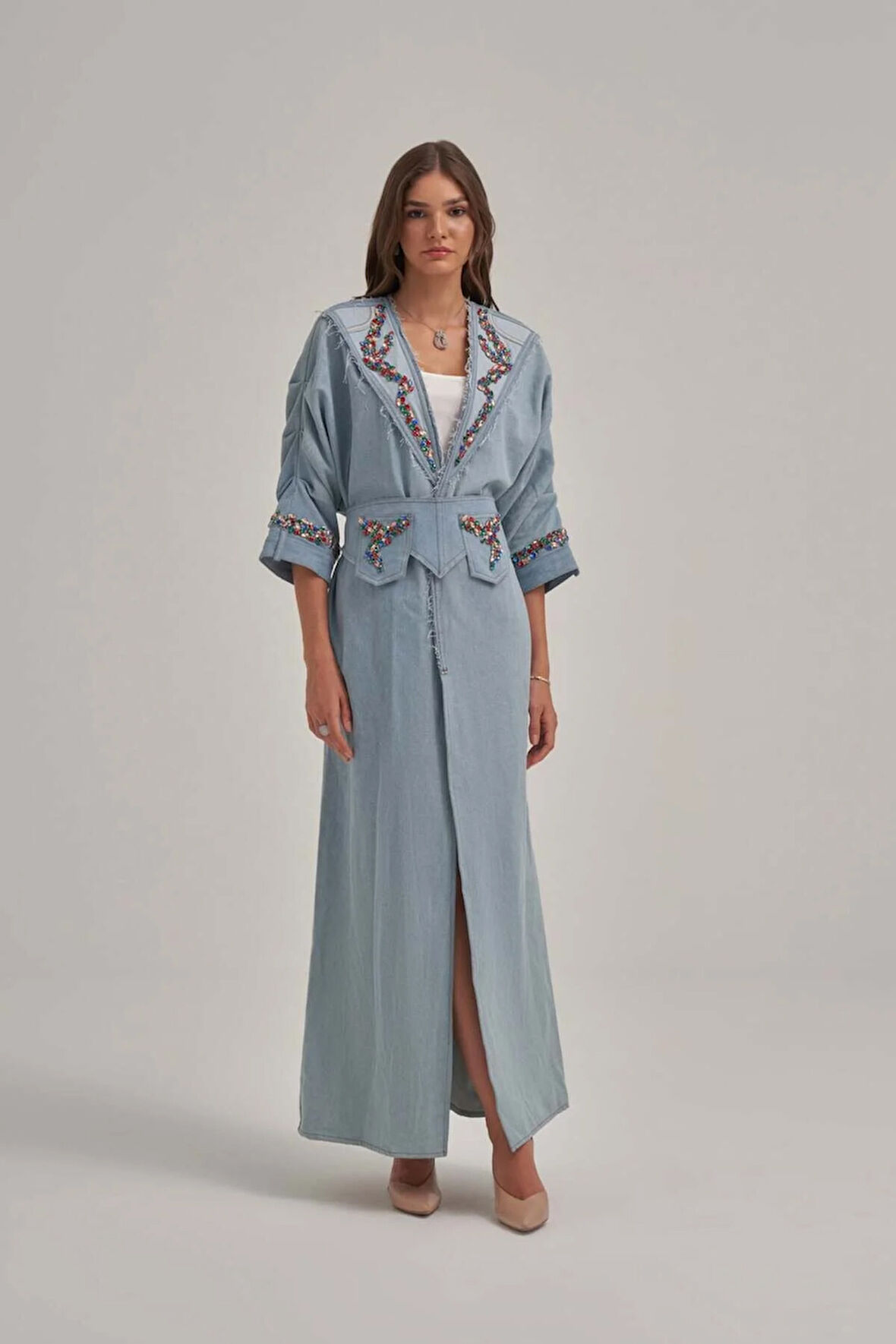 Kol Büzgülü Taş İşlemeli Kot Uzun Ceket