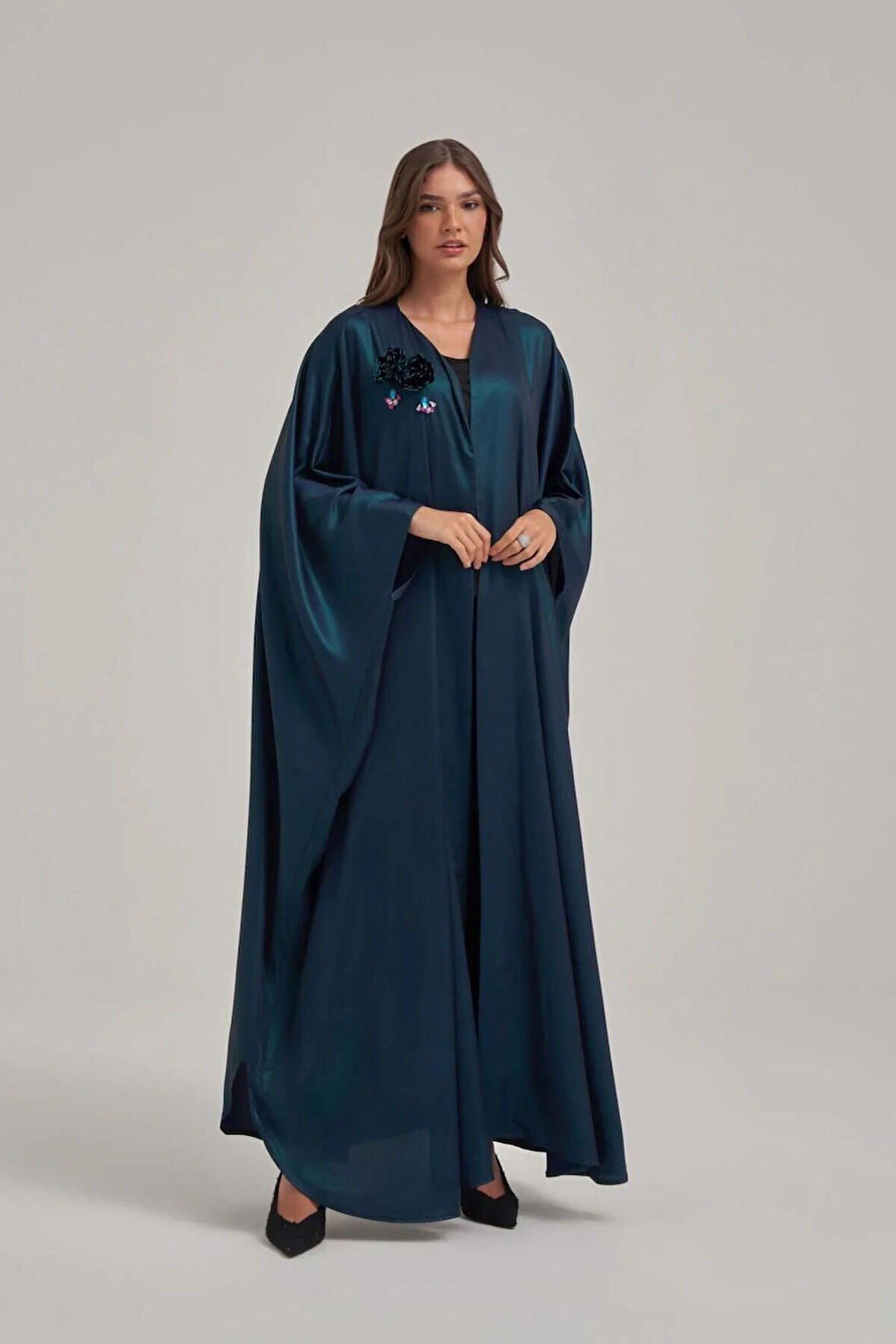 Işıltılı Gece Mavisi Çiçek Motifli Abaya