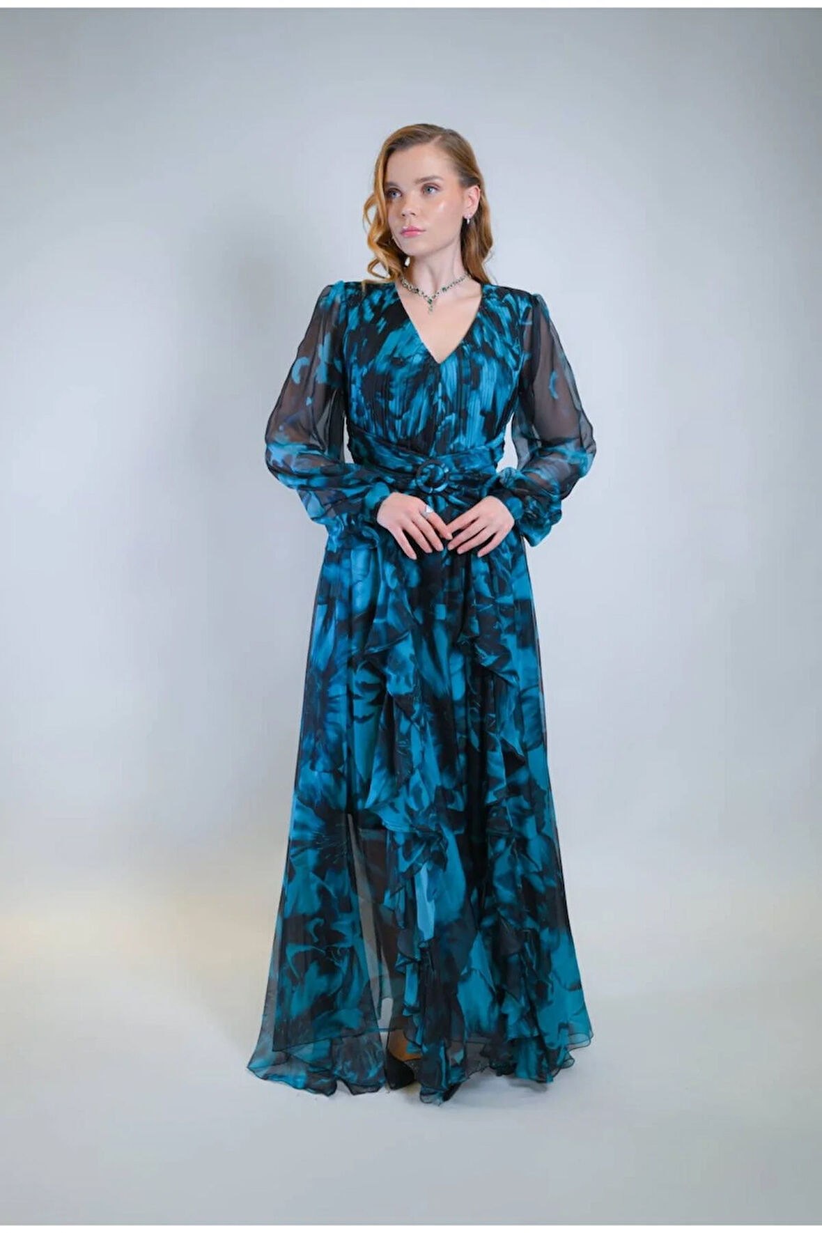 Turkuaz Şifon Kumaş Katlı Elbise