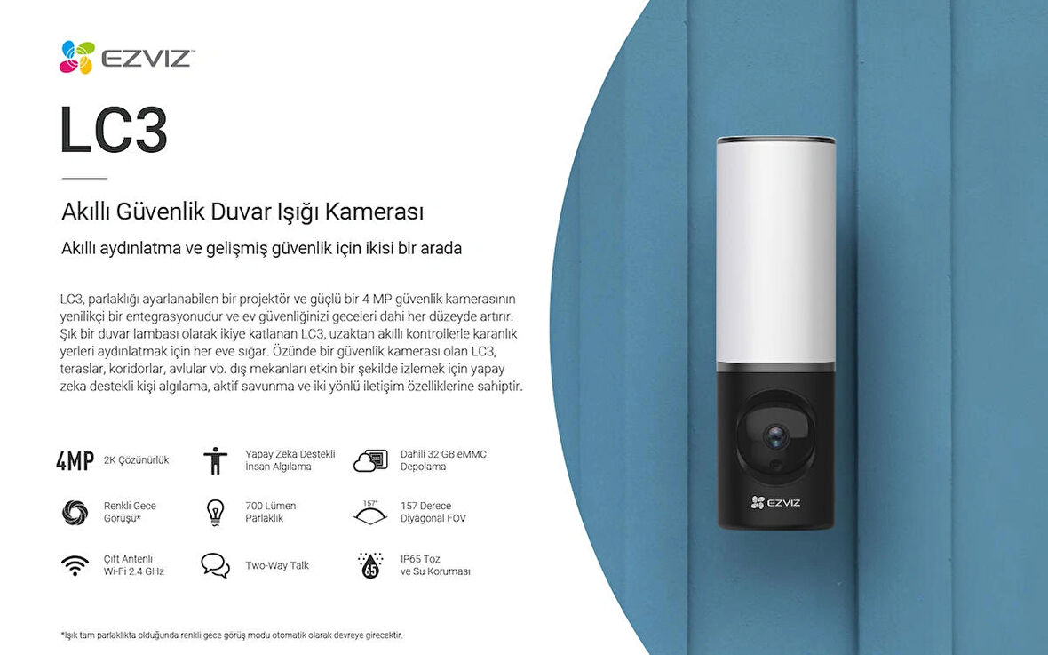 EZVIZ CS-LC3 4mp Wi-Fi Akıllı Duvar Işıklı Kamera