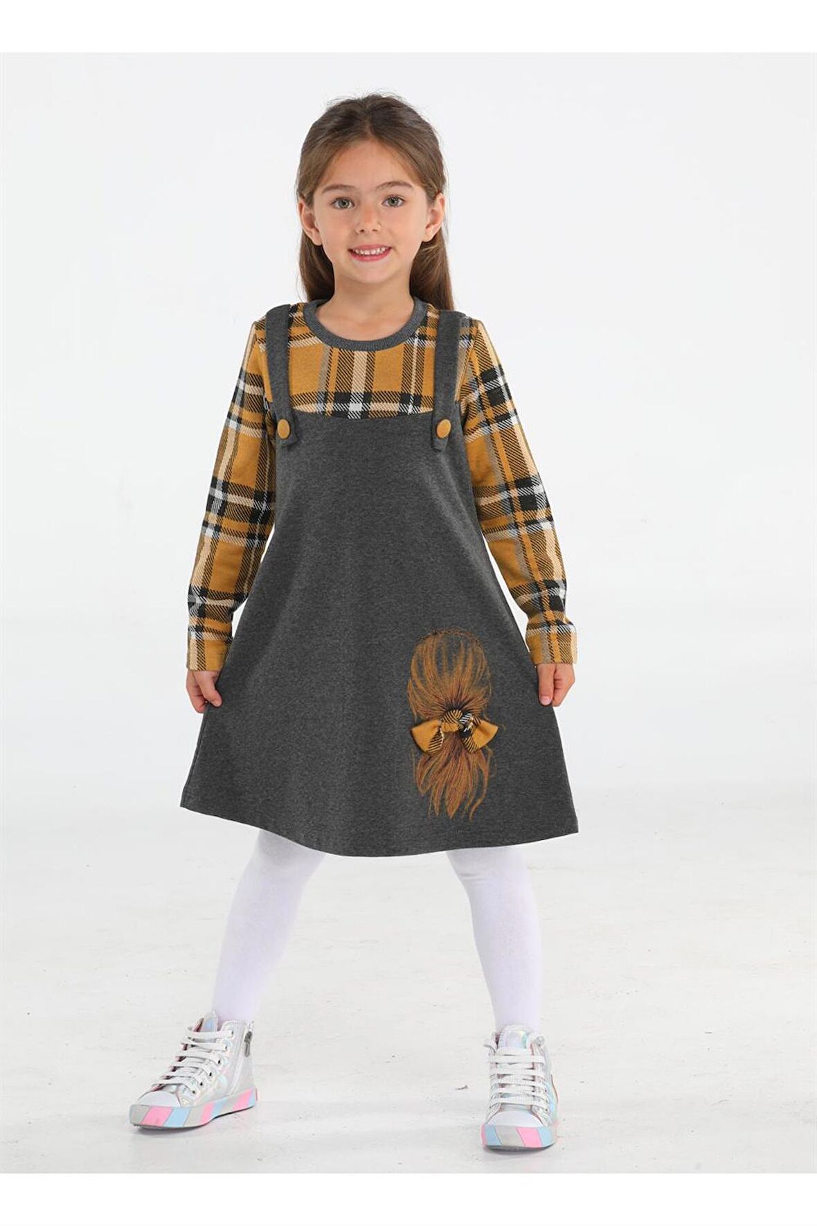 Ekose Parçalı Kız Çocuk Elbise