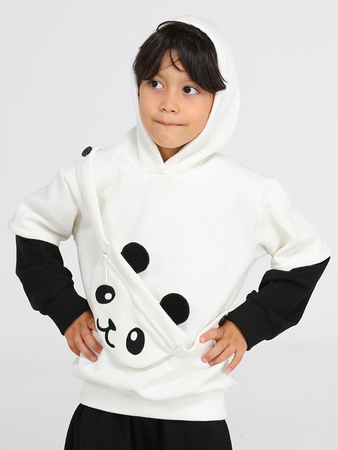 Panda Unisex Mobil Çantalı Krem Sweatshirt