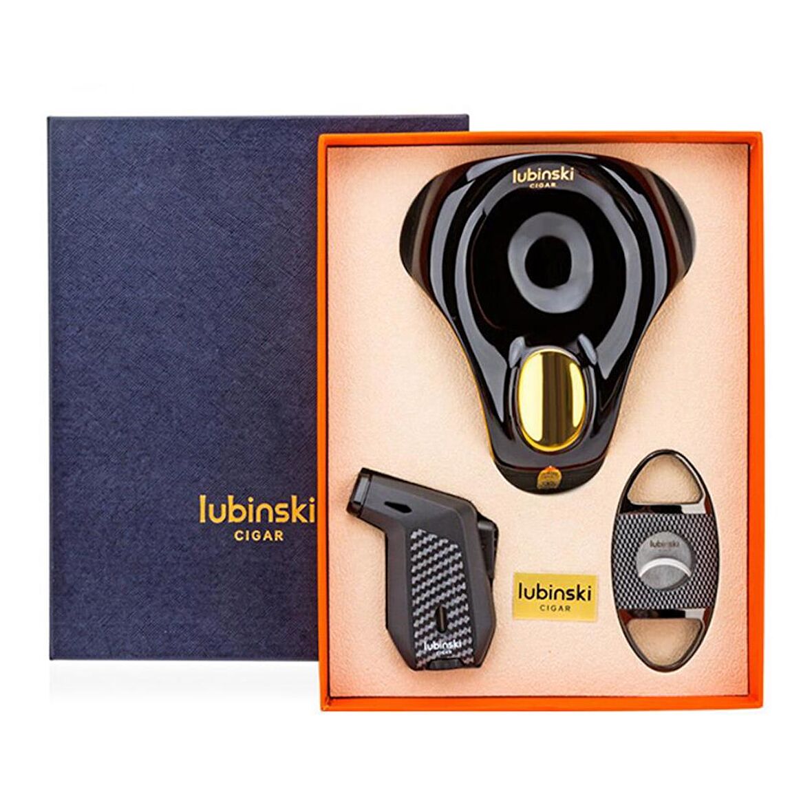 Lubinski Metal Siyah Puro Seti (3 Torch Çakmak, 60 Ring Puro Kesici, Puro Küllük ) (8089AT)