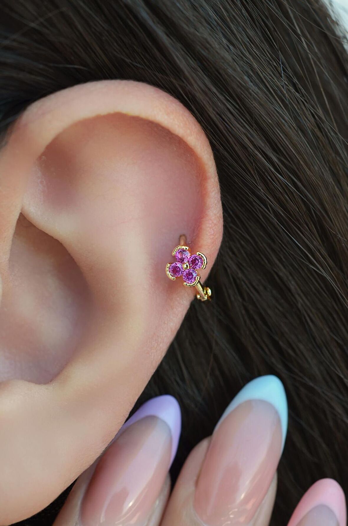 Gold Halka Fuşya Pembesi Mini Çiçekli Tragus Piercing Helix Kıkırdak Lob