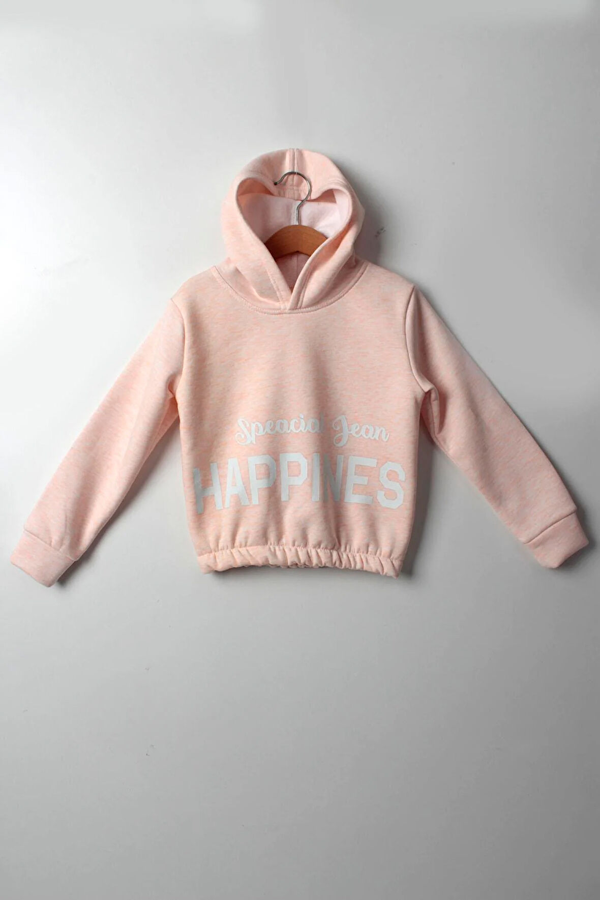 Kız Çocuk 5-10 Yaş Şardonlu Kalın Sweatshirt - Kapüşonlu Somon HAPPINESS Baskılı