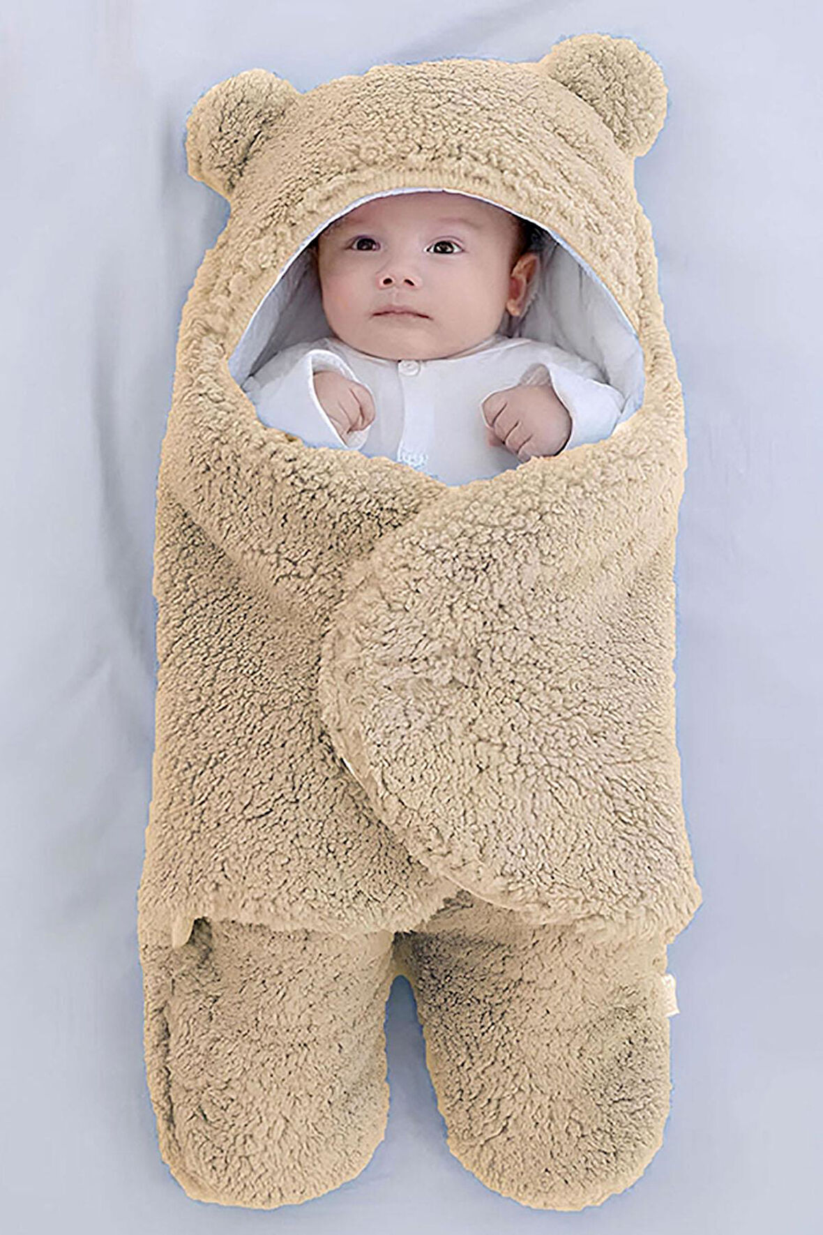 0-12 Ay Unisex Bebek Kulaklı Kapüşonlu Peluş Kundak Battaniye Uyku Tulumu Bej Kışlık