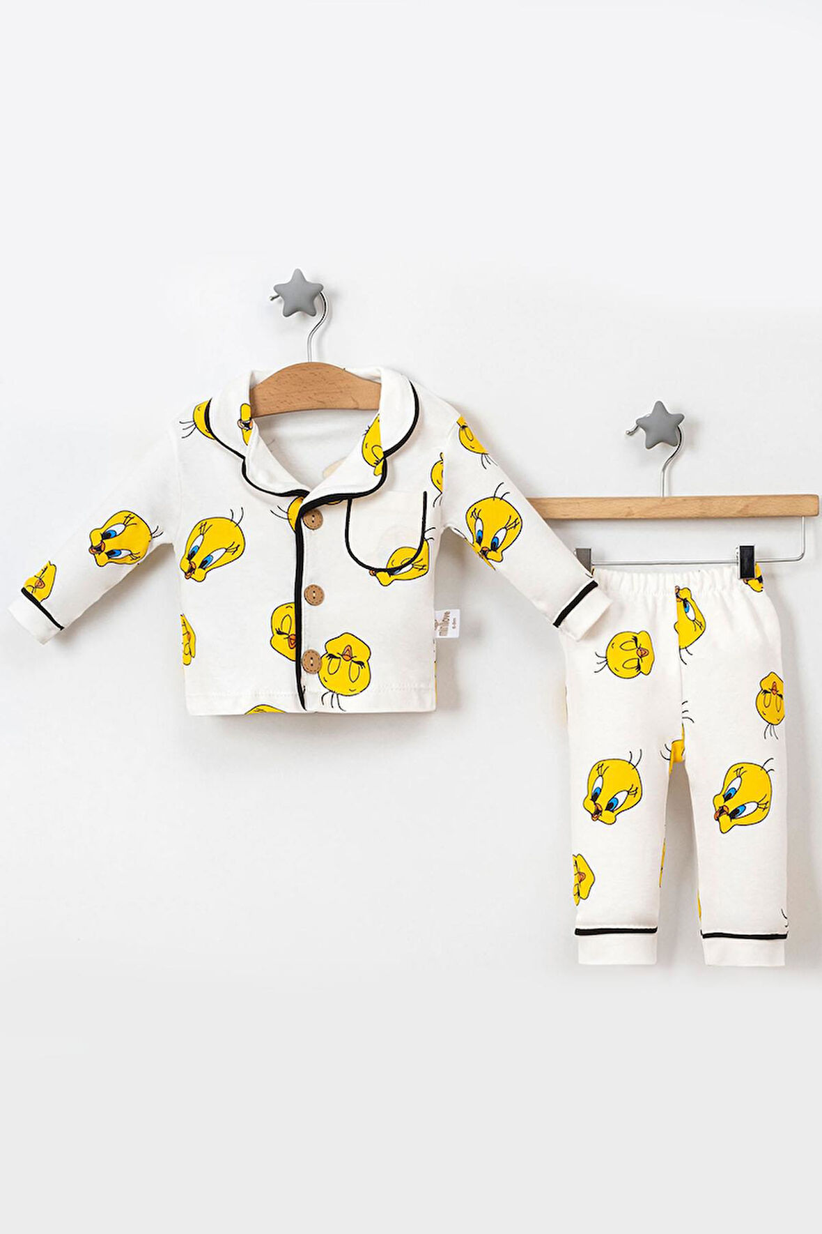 Bebek Pijama Takımı Tweety Desenli Pamuklu Uzun Kollu Çizgi Film Karakterli Sarı