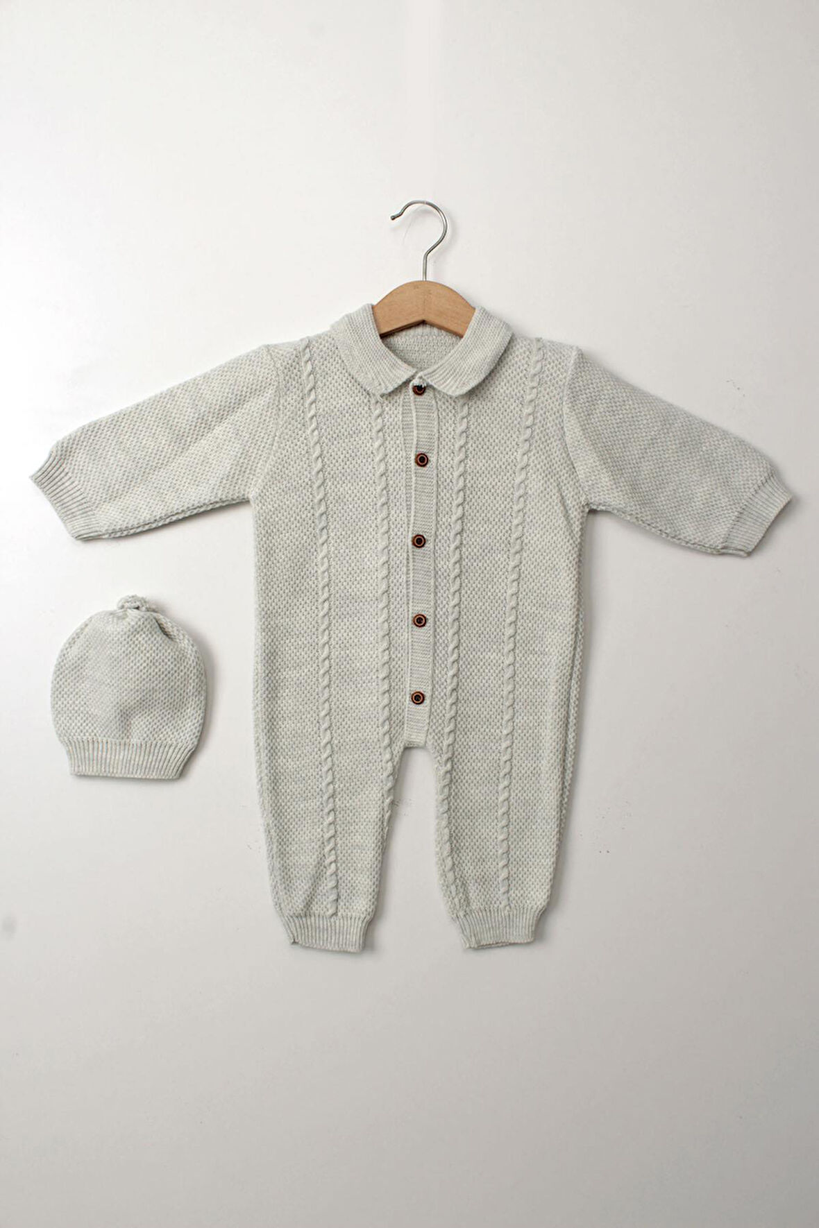 Gri Unisex Bebek Tulum Şapkalı Triko Düğmeli Örgü Kışlık Yenidoğan Uzun Kollu Tulum Takım