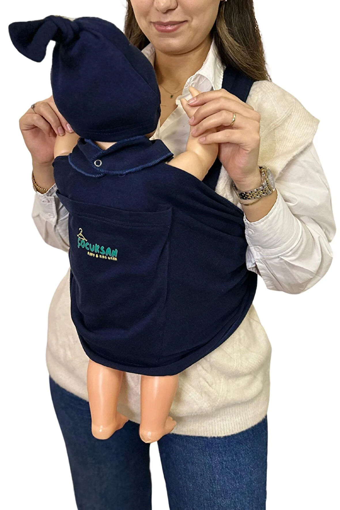 Anne-Bebek Konforu İçin Cepli Lacivert Bebek Taşıma Anakucağı – Pratik ve Şık Sling Tasarım
