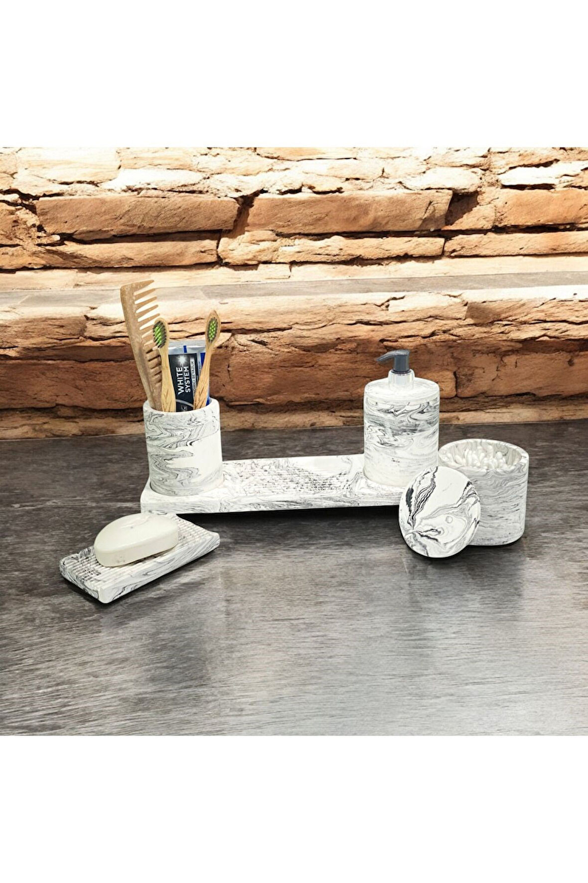 Çizgili Mermer Desenli Beton Banyo Aksesuar Seti (5 Parça)