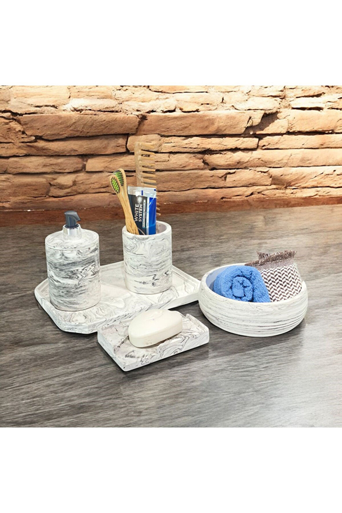 Doğal Mermer Renklerinde Beton Banyo Aksesuar Seti (5 Parça)