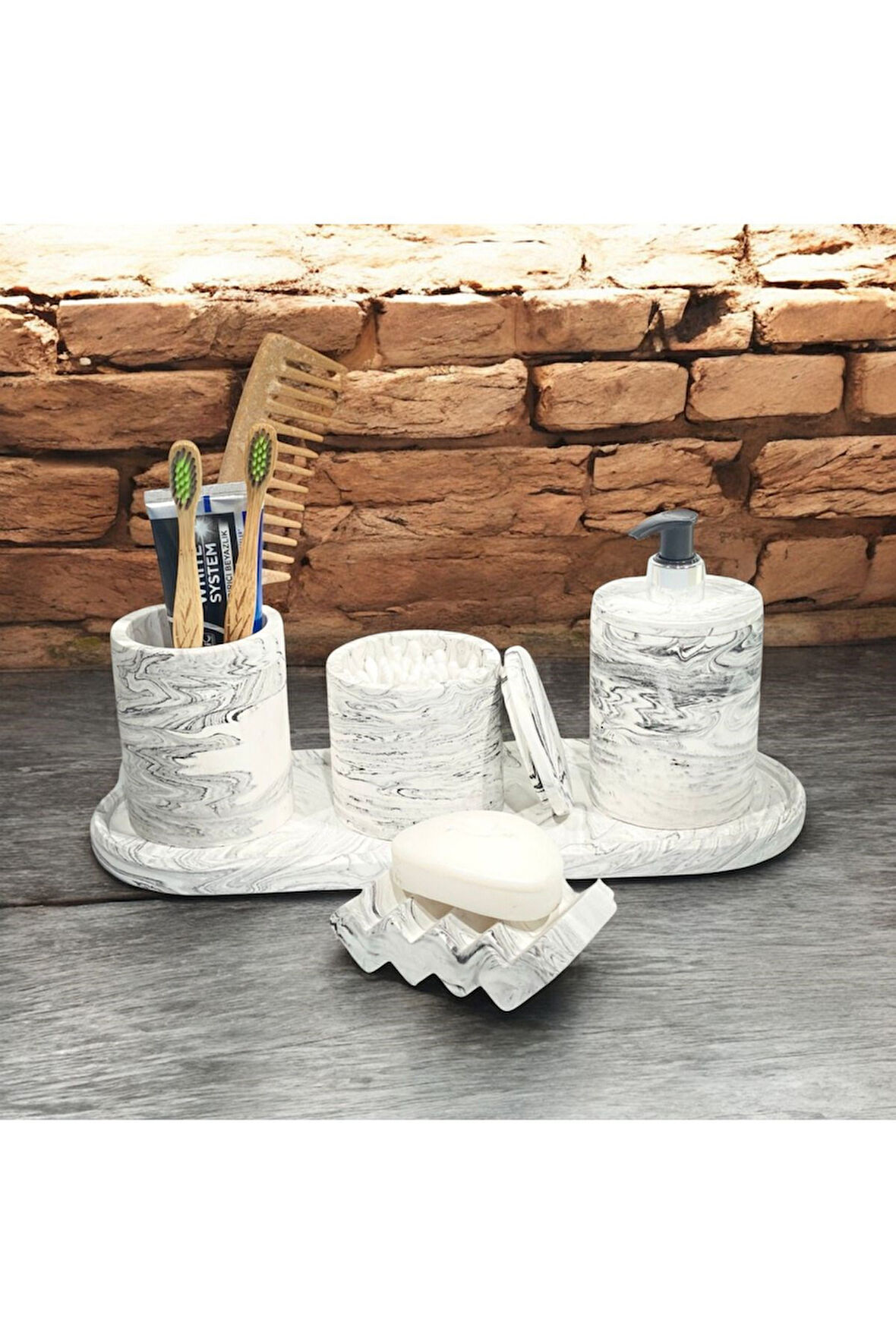 Şık Mermer ve Beton Uyumlu Banyo Aksesuar Seti (5 Parça)