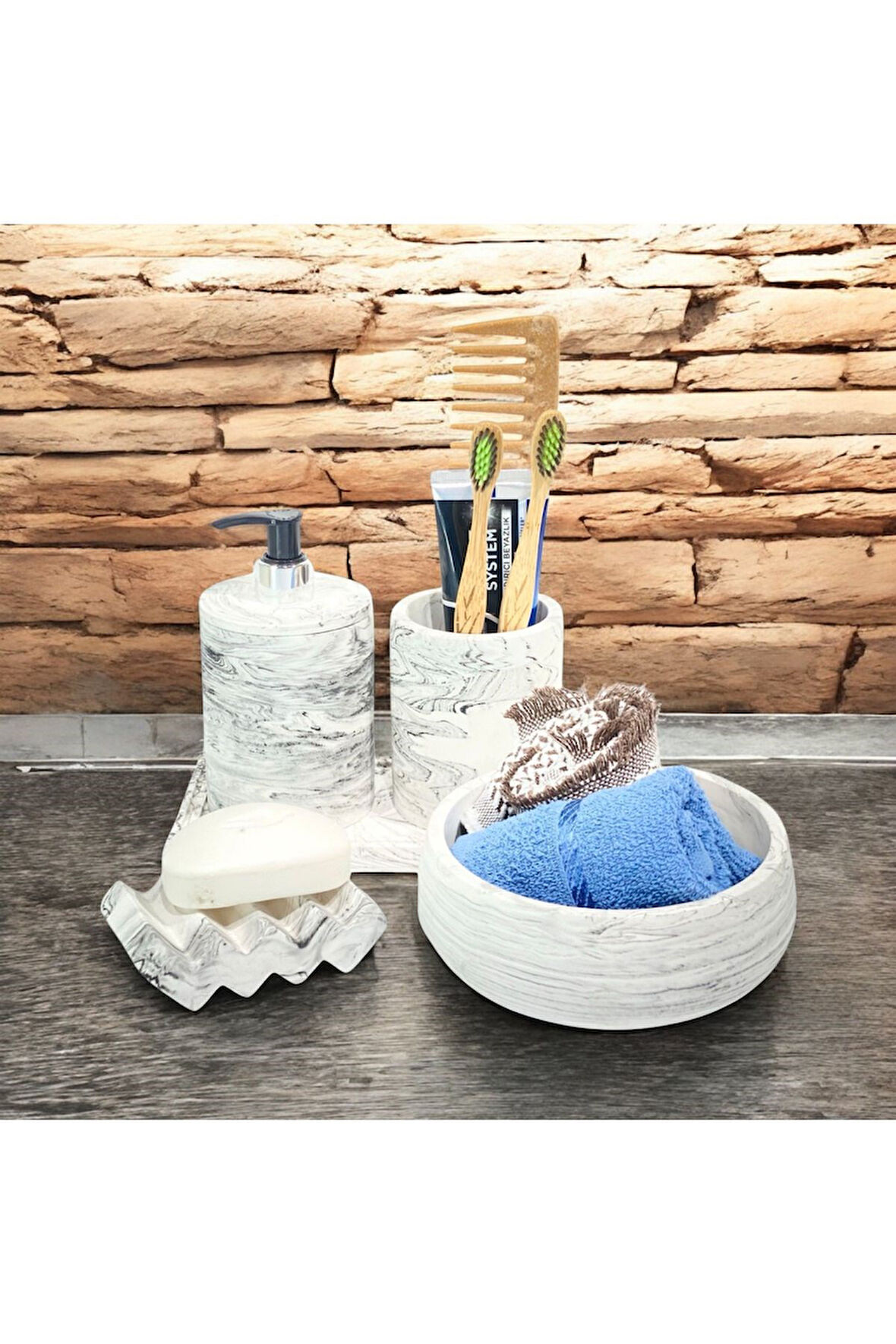 Göz Alıcı Mermer Dokulu Beton Banyo Aksesuar Seti (5 Parça)