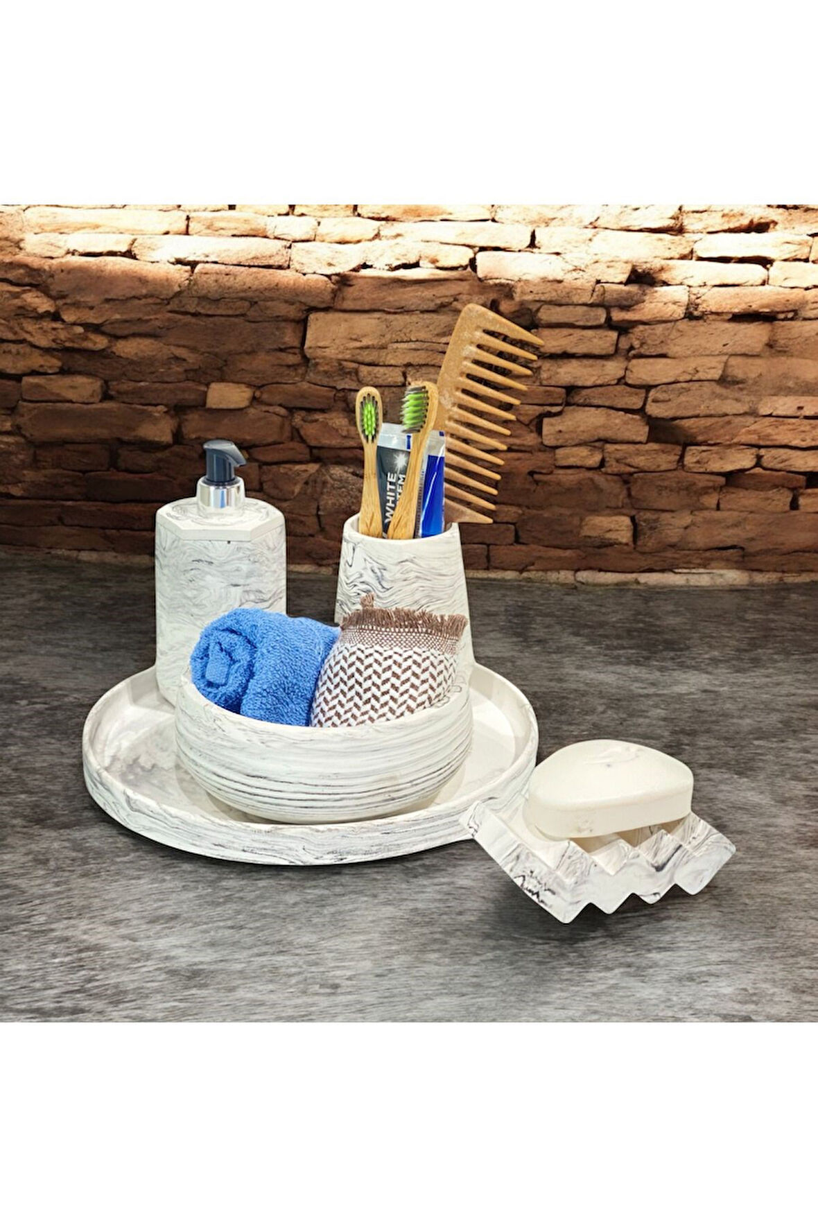 Mermer Esintili Modern Sanat Eseri Beton Banyo Aksesuar Seti (5 Parça)