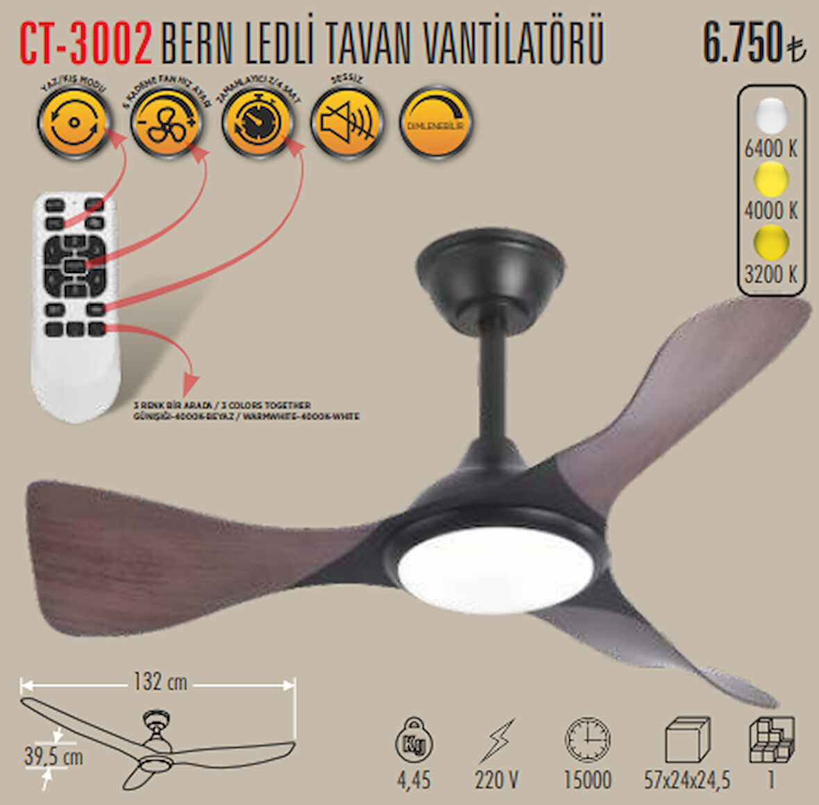 CATA CT-3002 BERN LEDLİ TAVAN VANTİLATÖRÜ