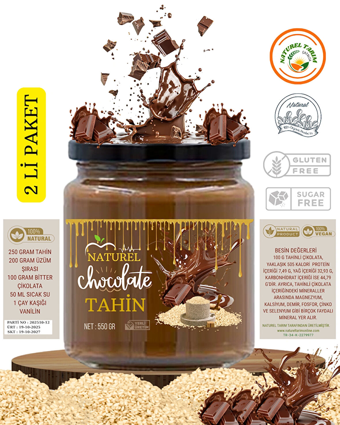NATUREL ÇİKOLATALI ÇİĞ SUSAM TAHİNİ 550 GR 2 ADET