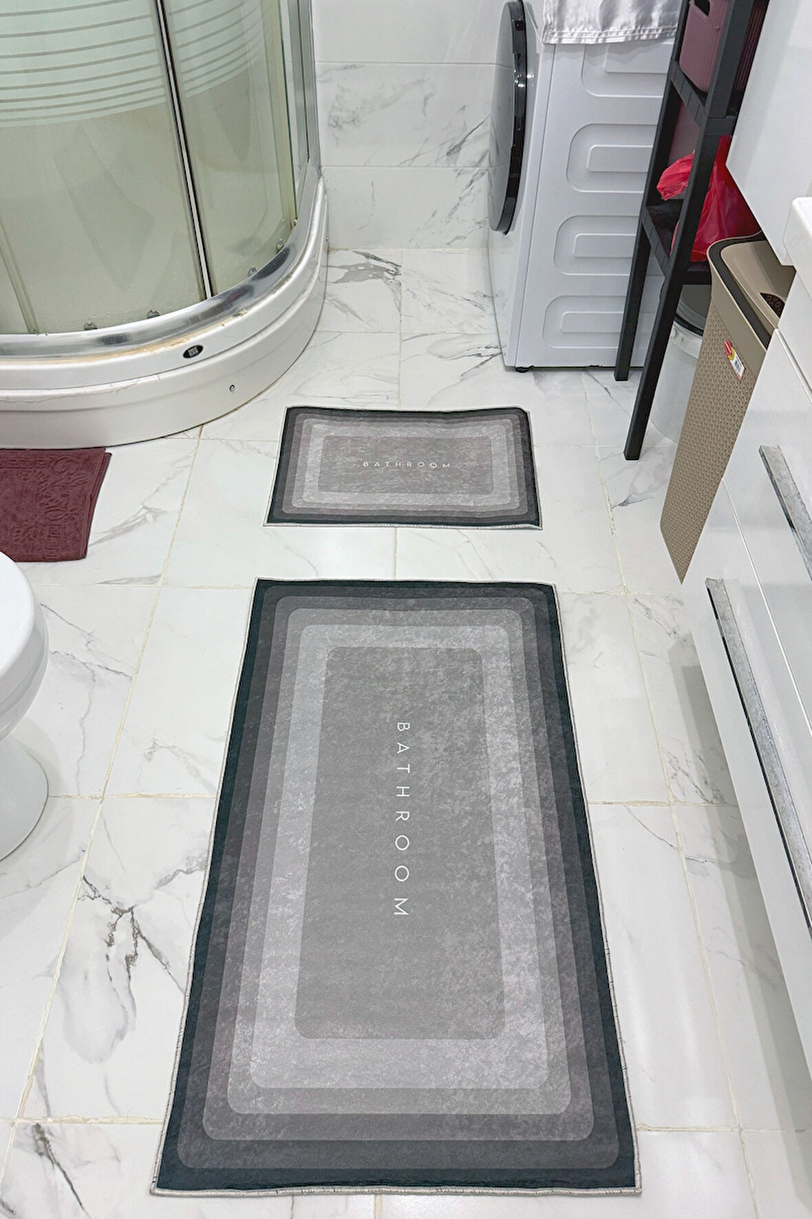 Bathroom Desenli Eko Banyo Paspası, Kaymaz Taban, Makinada Yıkanabilir, Dijital Baskı 2'li Set