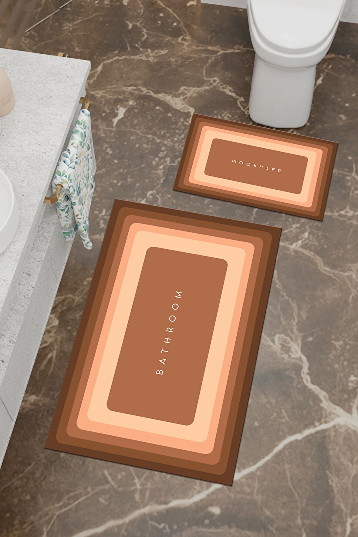 Bathroom Desenli Eko Banyo Paspası, Kaymaz Taban, Makinada Yıkanabilir, Dijital Baskı 2'li Set