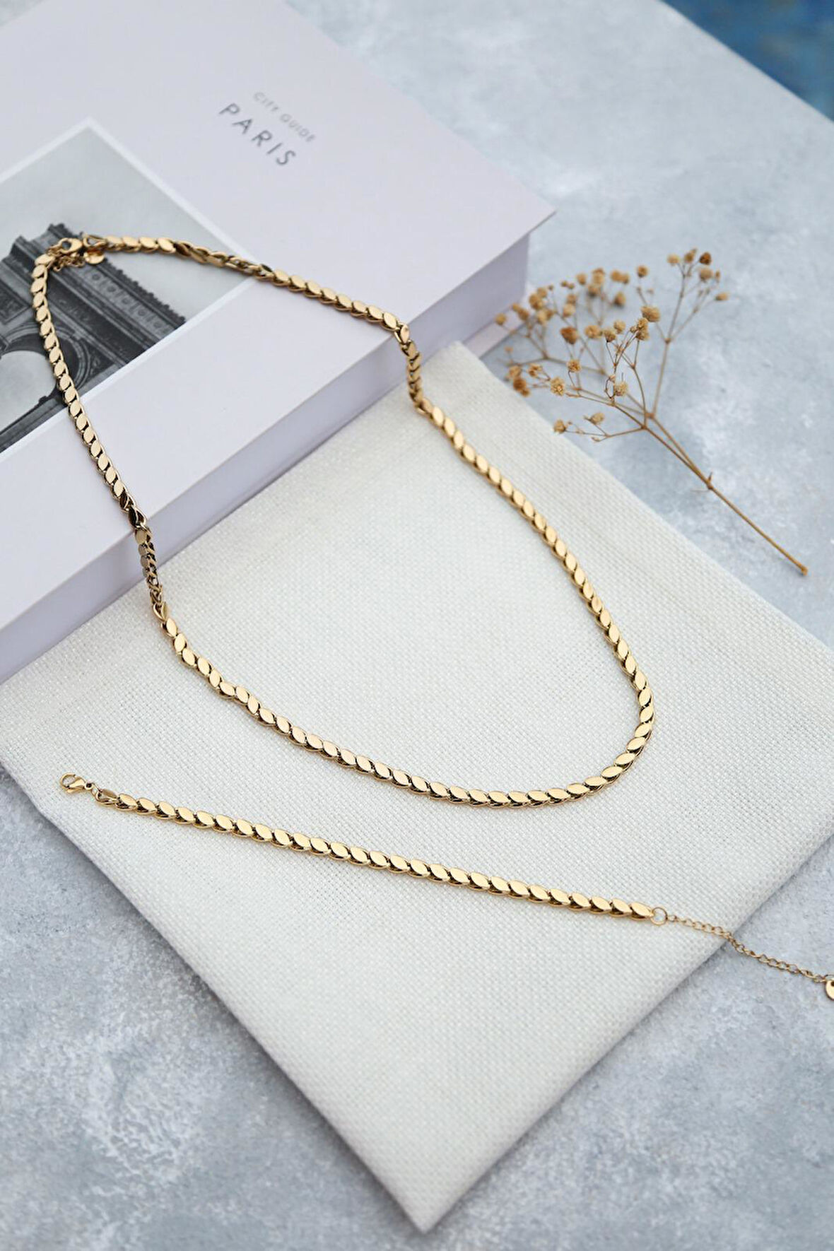 Dorika Model Çelik Kolye ve Bileklik (Gold) Csm0008