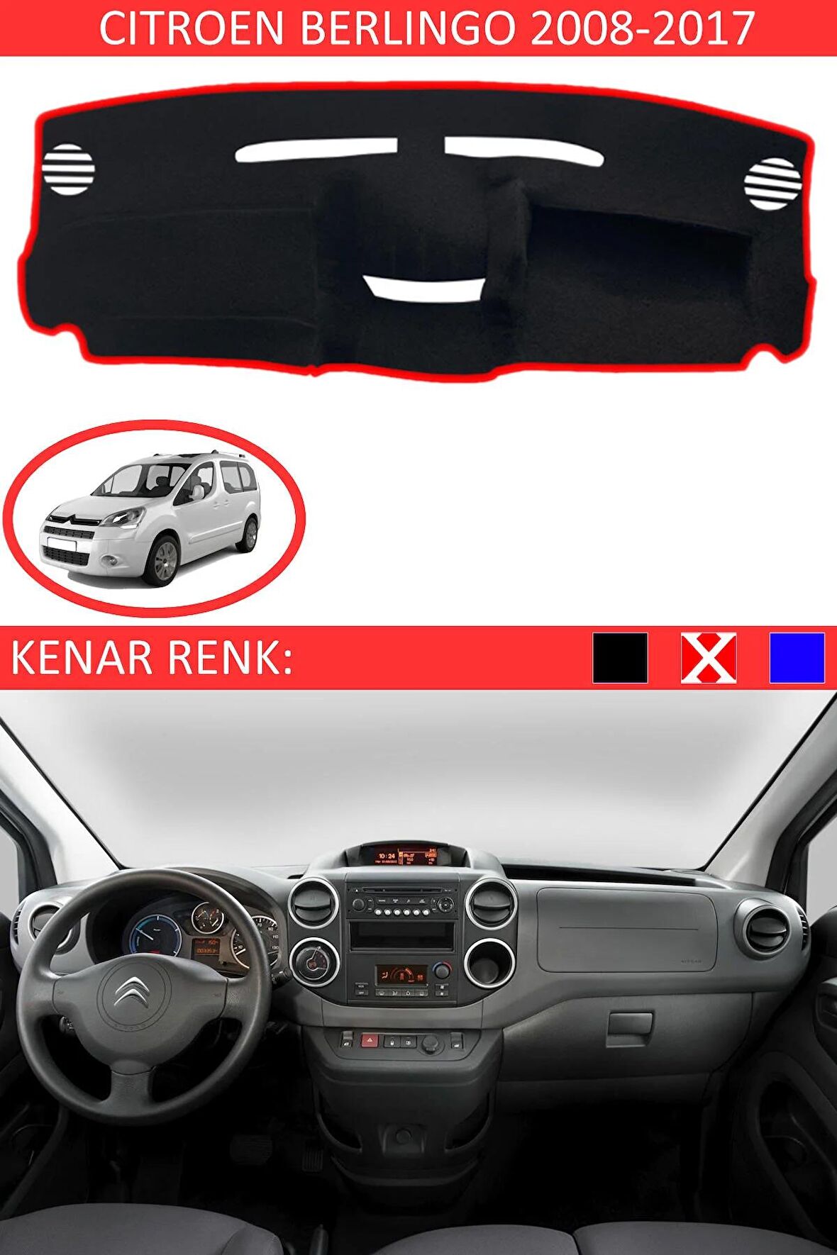 Citroen Berlingo 1996-2002 Modelleri İçin Uygun Torpido Koruma Halısı Siyah Kenar Renk Mavi