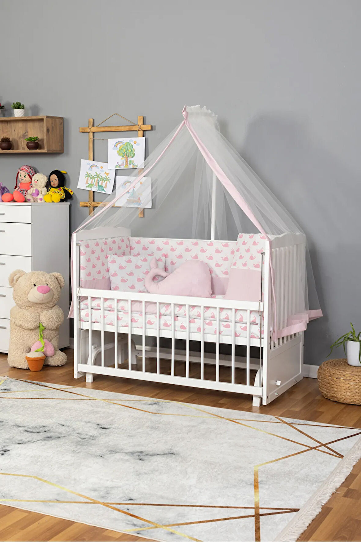 Tutku BEYAZ Bebek Beşiği Ahşap Beşik Anne Yanı Yeni Doğan PEMPE BALİNA UYKU SETLİ