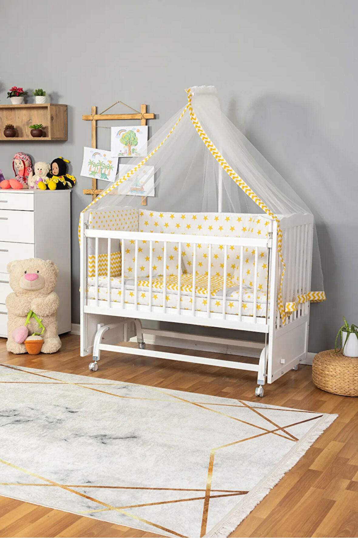 Ahşap Beşik Anne Yanı Tutku BEYAZ Bebek Beşiği SARI YILDIZ TEK YASTIK UYKU SETLİ + TEKERLEKLİ