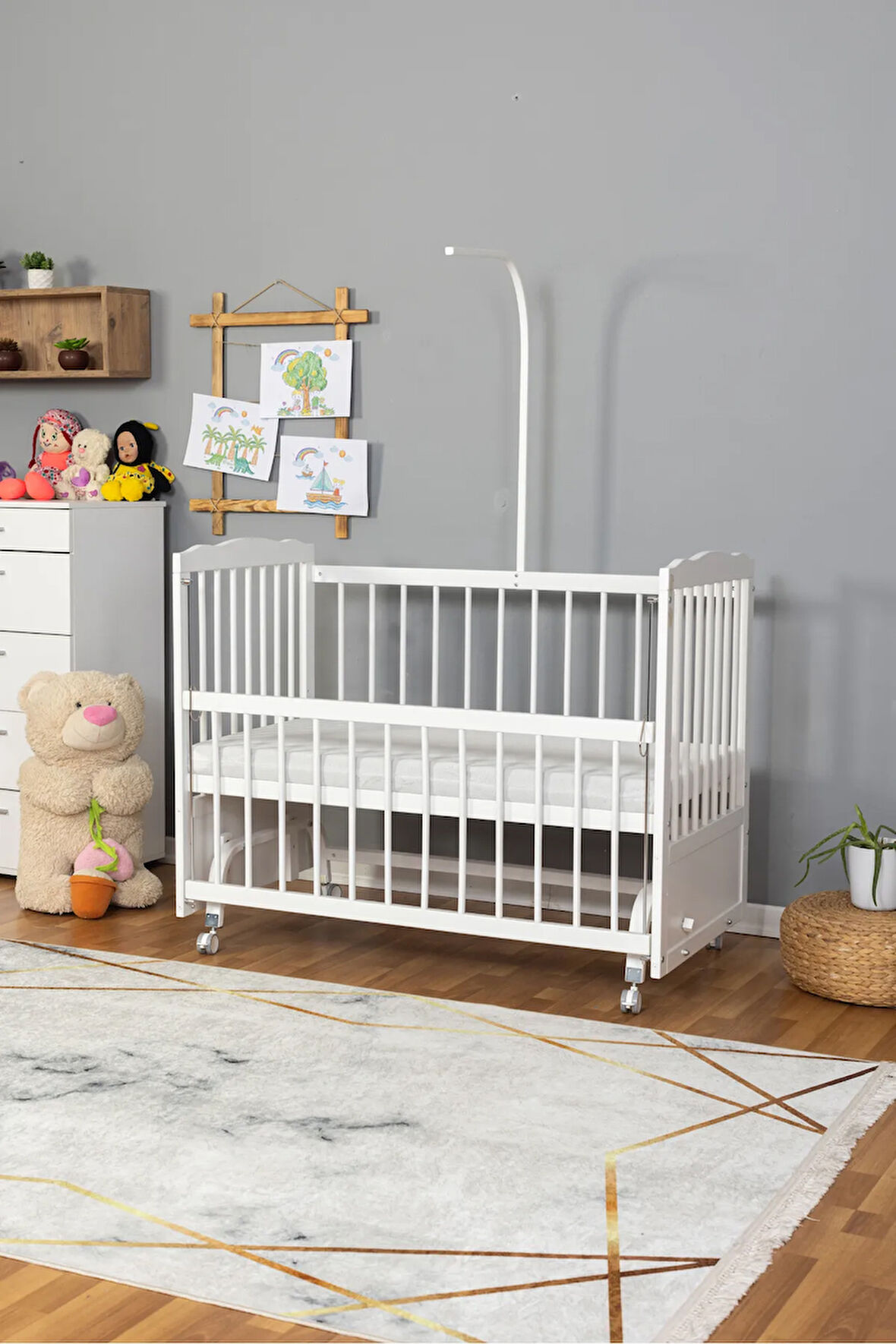 Ahşap Beşik Anne Yanı Yeni Doğan Tutku BEYAZ Bebek Beşiği TEK YATAK + TEKERLEKLİ
