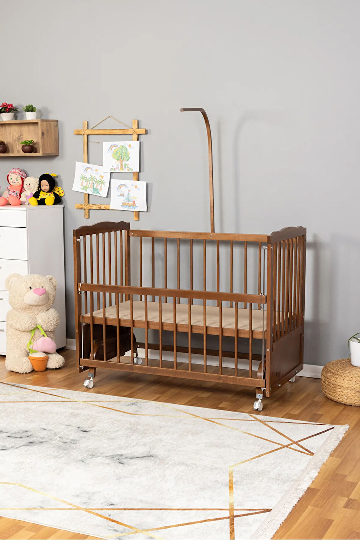 Ahşap Beşik Anne Yanı Yeni Doğan Tutku CEVİZ Bebek Beşiği UYKU SETSİZ + TEKERLEKLİ