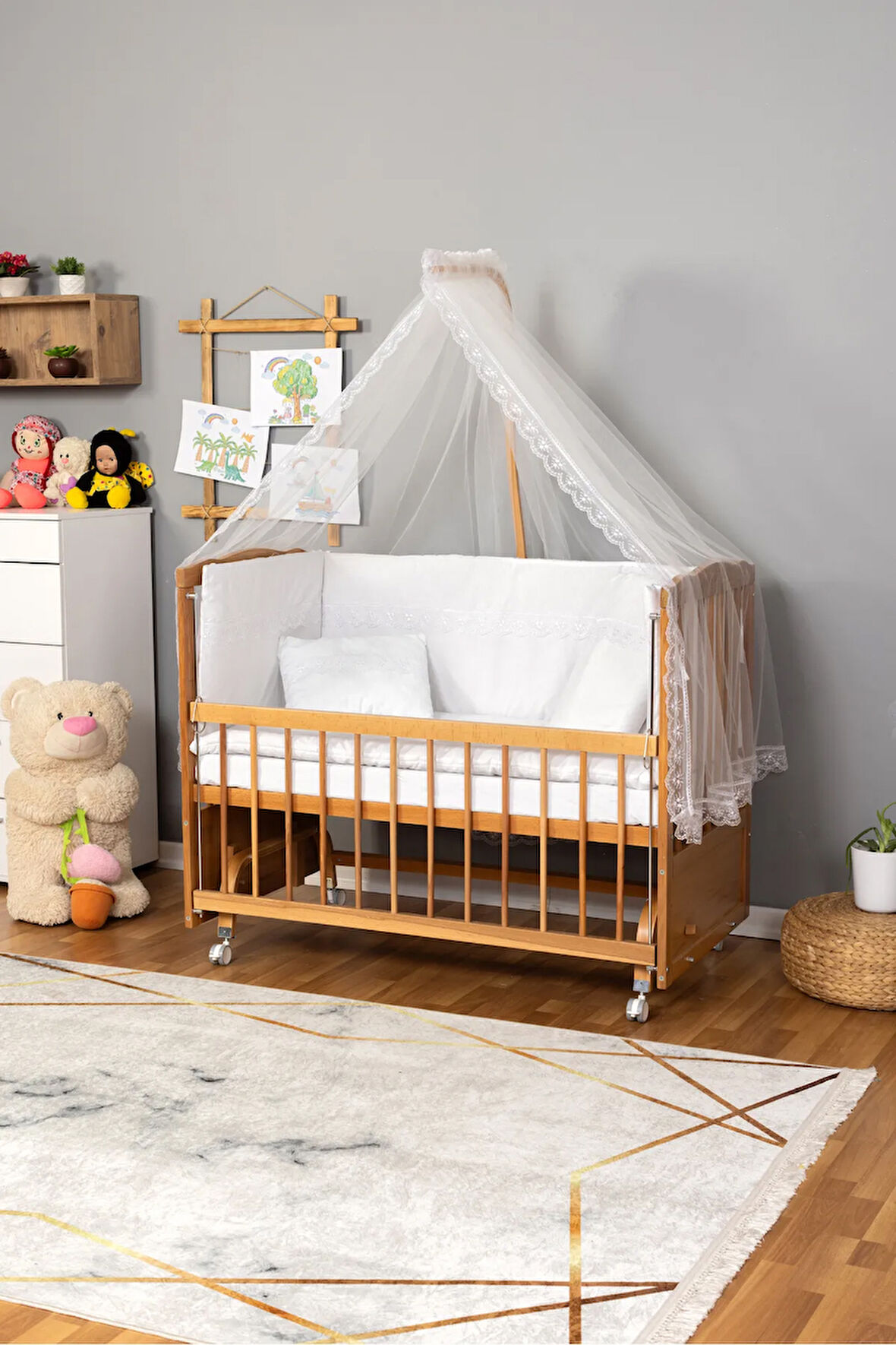 Ahşap Beşik Anne Yanı Yeni Doğan Tutku Doğal Bebek Beşiği BEYAZ GÜPÜR UYKU SETLİ + TEKERLEKLİ