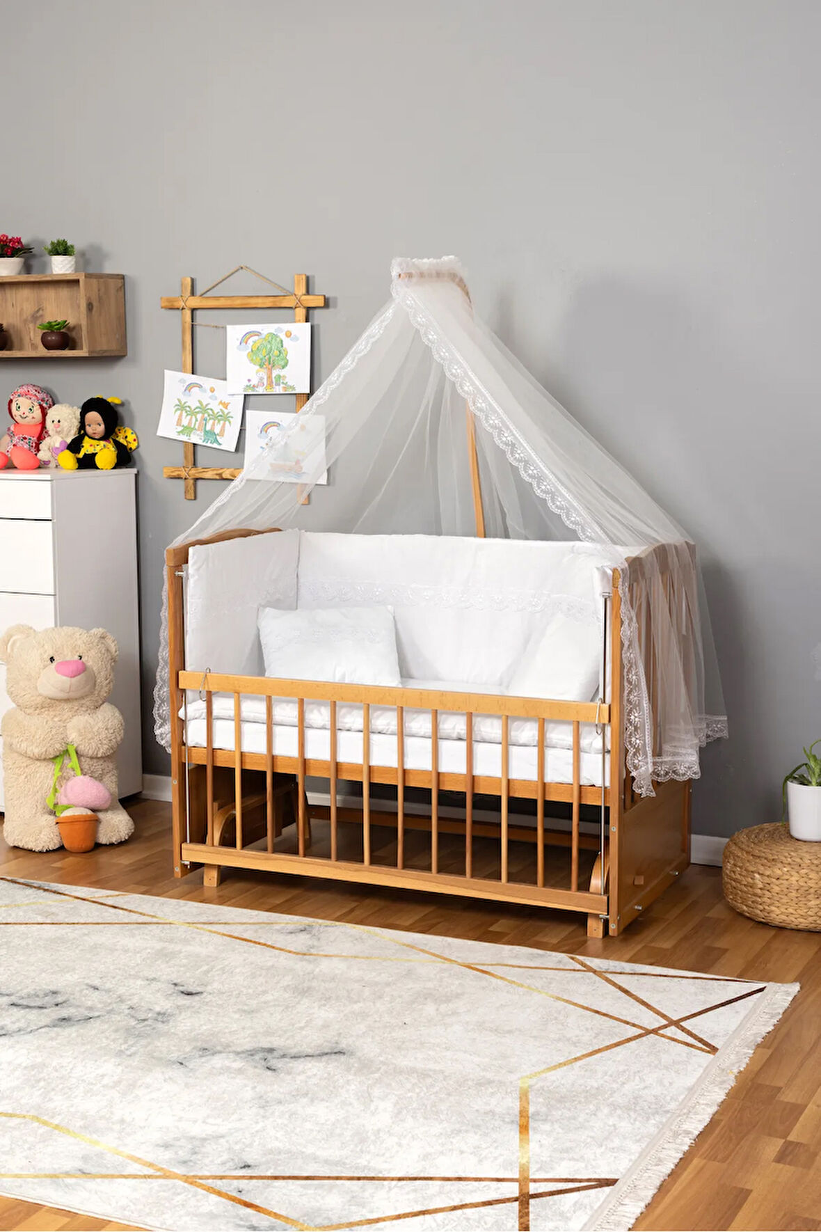 Ahşap Beşik Anne Yanı Yeni Doğan Tutku Doğal Bebek Beşiği BEYAZ GÜPÜR UYKU SETLİ