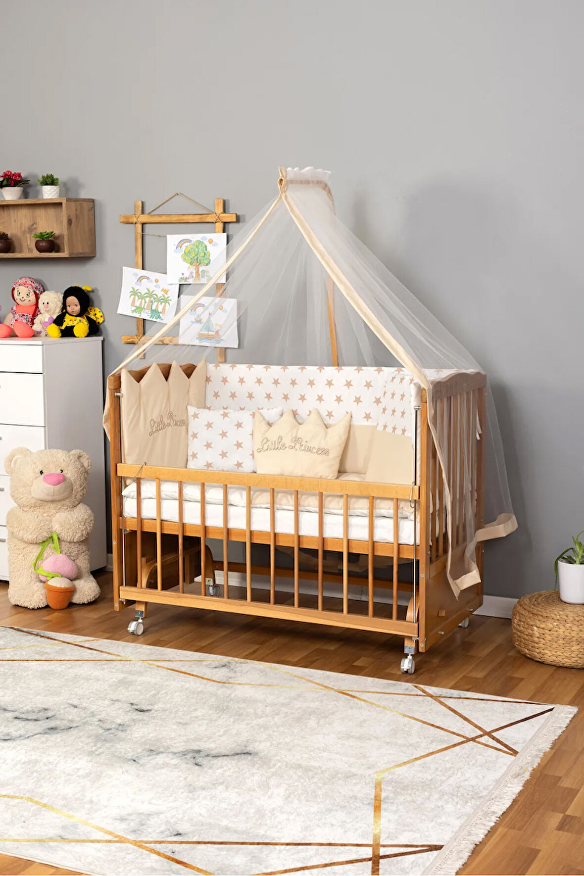 Ahşap Beşik Anne Yanı Yeni Doğan Tutku Doğal Bebek Beşiği KREM NAKIŞ KIZ UYKU SETLİ + TEKERLEK