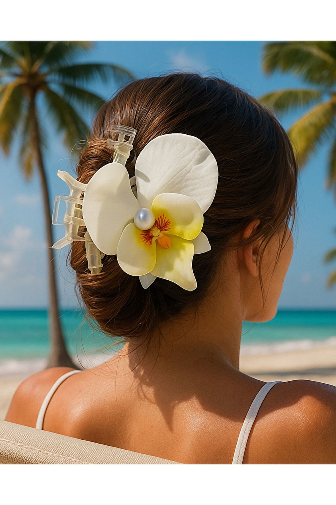 Orkide Çiçeği İncili Mandal Toka 10 cm Çift Taraflı 1 adet