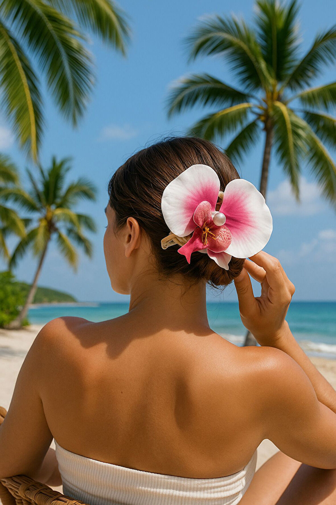 Orkide Çiçeği İncili Mandal Toka 10 cm Çift Taraflı 1 adet