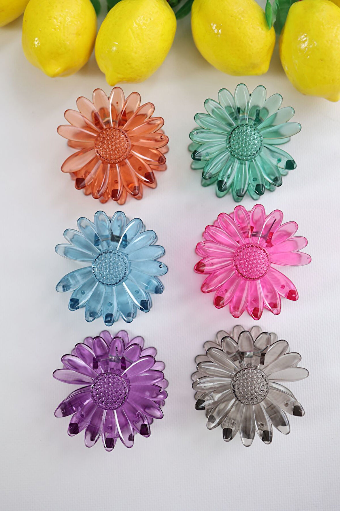 6 adet Çiçek Saç Tokası 6 Farklı Şeffaf Renk- 8 cm Orta Boy - Hafif ve Dayanıklı