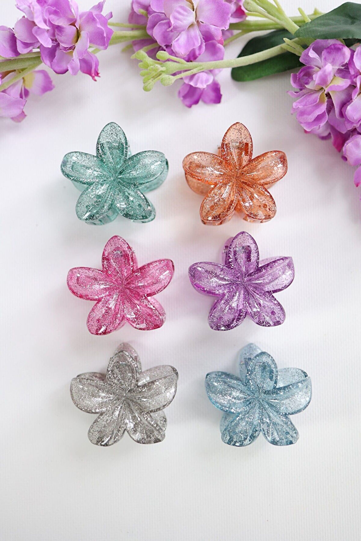 6 adet Simli Lotus Saç Tokası 6 Farklı Renk- 6 cm Orta Boy - Hafif ve Dayanıklı