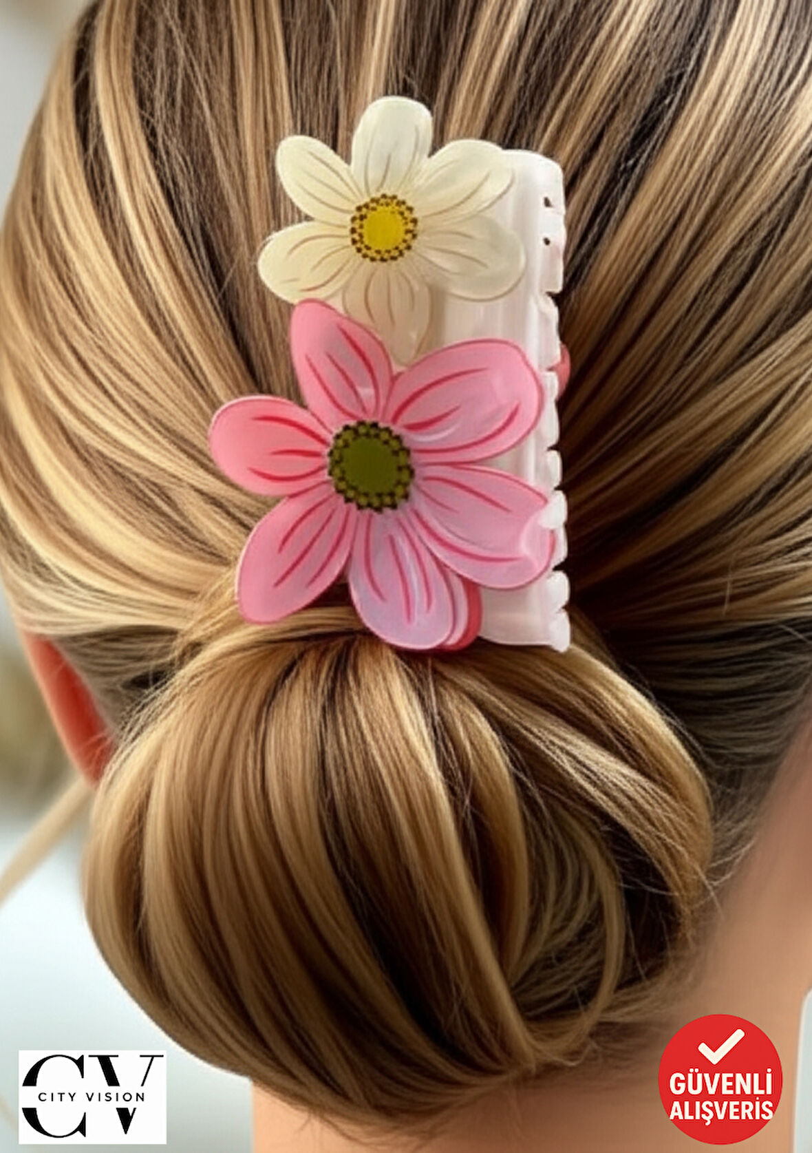 Pembe Beyaz Çiçek Desenli Kemik Saç Tokası – Bahar Temalı 9 cm Mandal Toka