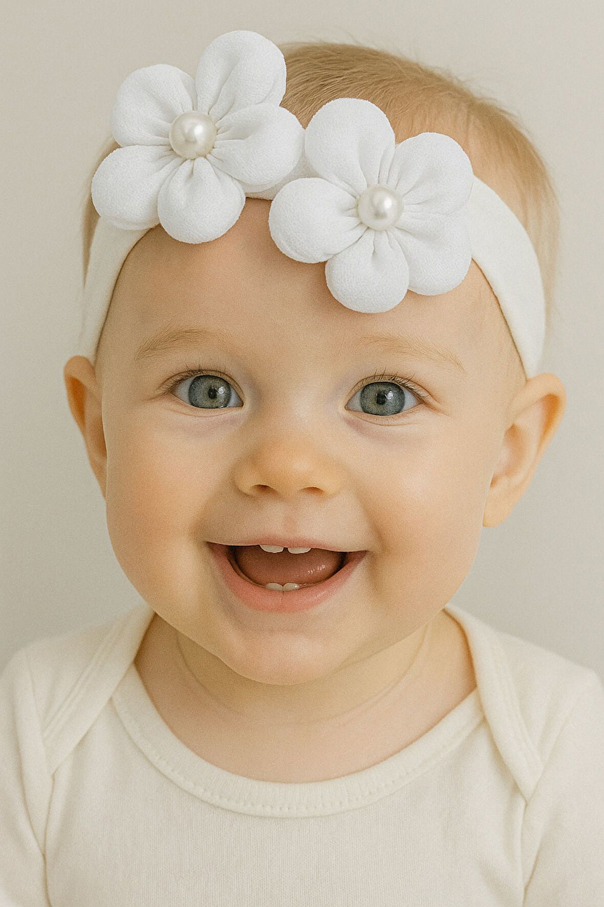 Çift Çiçekli İncili Çocuk & Bebek Saç Bandı - Özel Gün - Günlük Kullanım