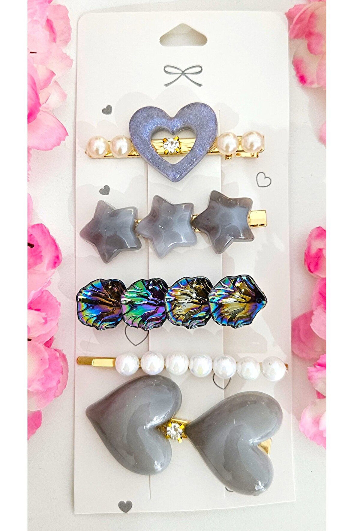 5li İncili Taşlı Çiçekli Toka Seti 7 cm