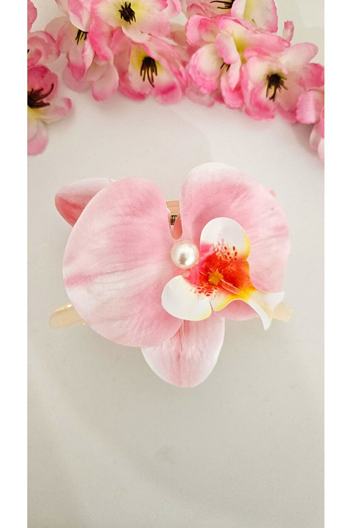 Orkide Çiçeği İncili Mandal Toka 10 cm Çift Taraflı 1 adet