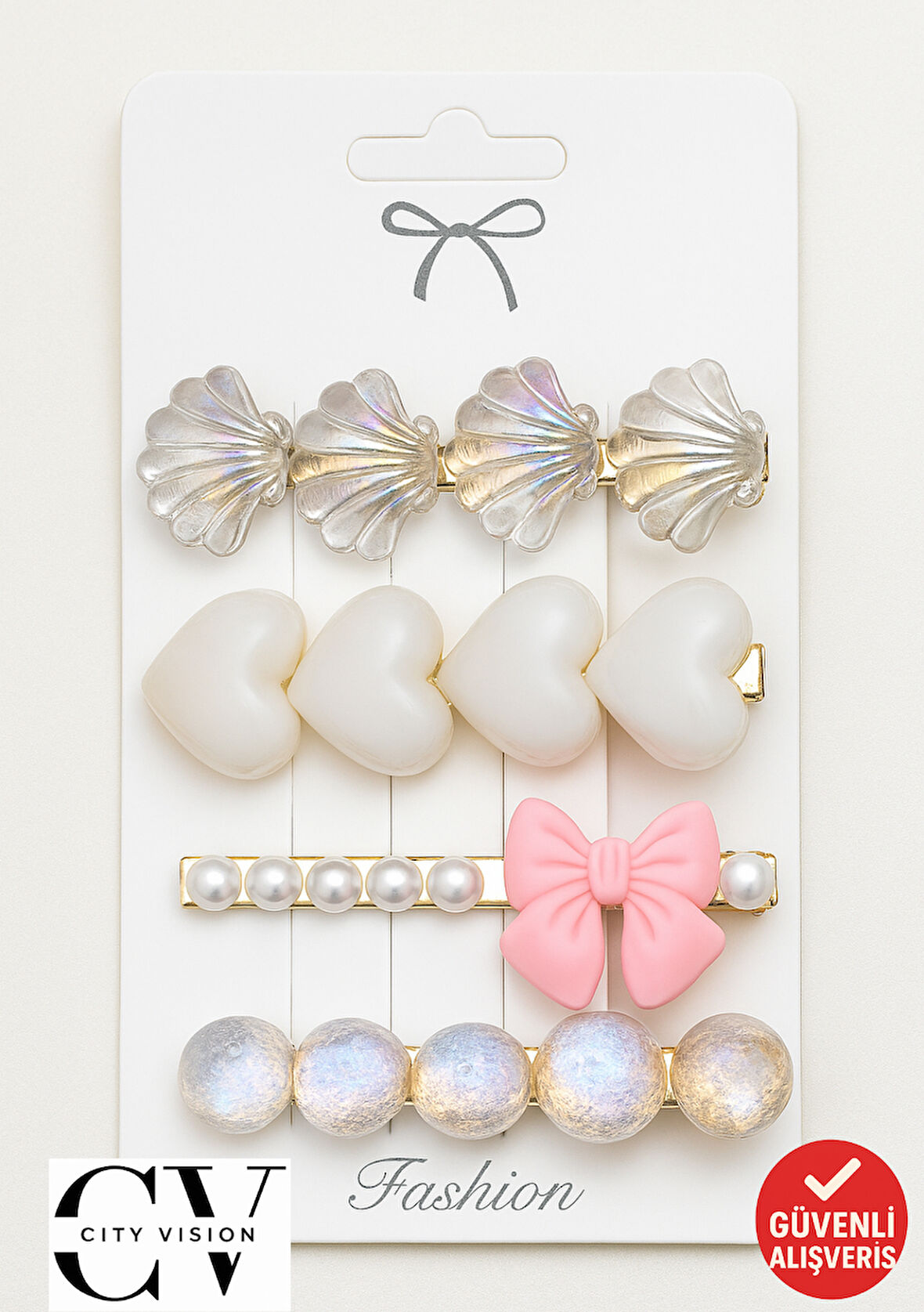 Deniz Kabuğu ve İnci Detaylı 4’lü Zarif Saç Tokası Seti 6 cm