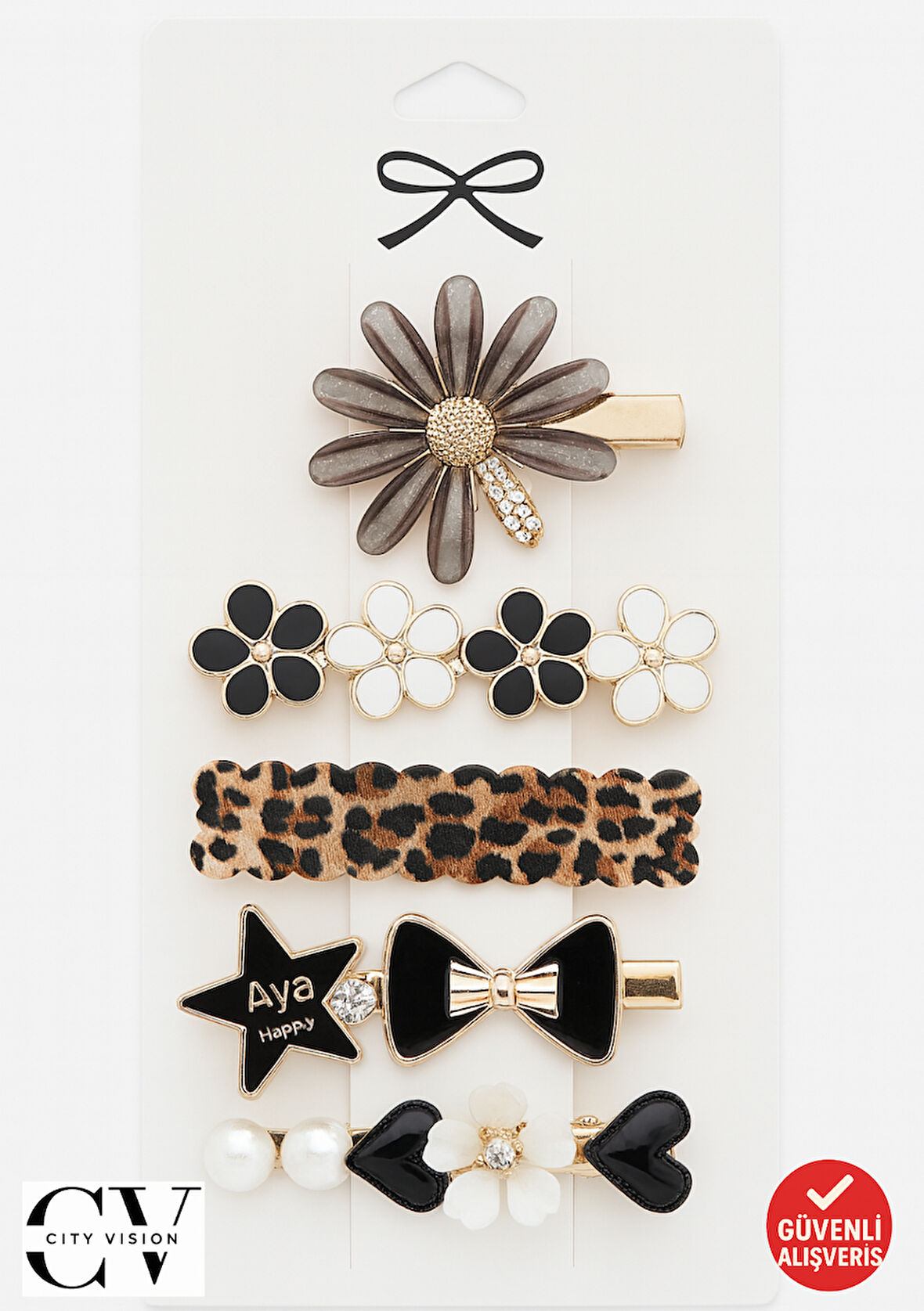Şık Tasarımlı 5’li 6 cm Saç Tokası Seti – Çiçek, Fiyonk, Leopar ve İnci Detaylı