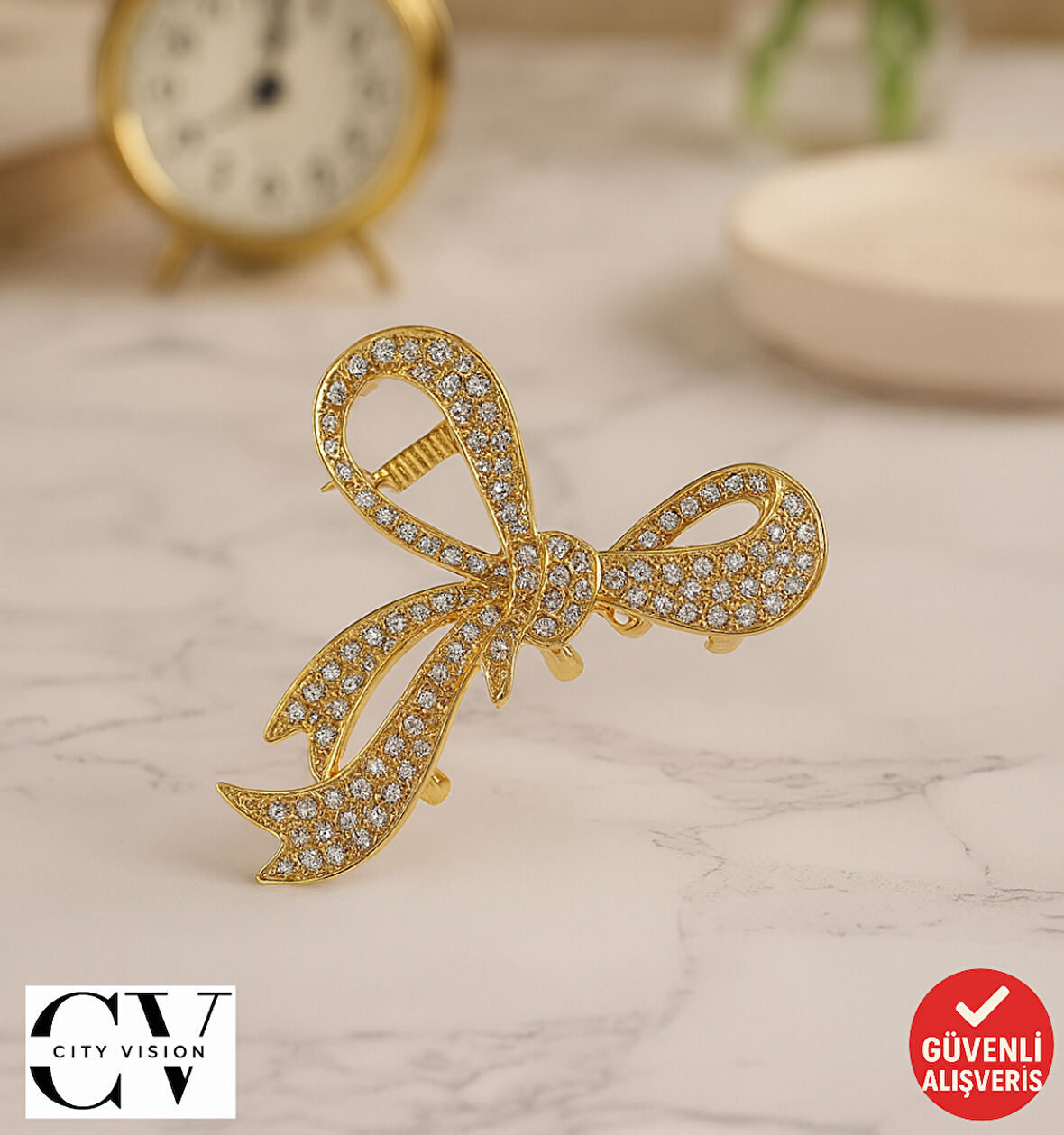 Taşlı Altın Renk Çift Taraflı Metal Mandal Saç Tokası 4 cm Küçük Boy