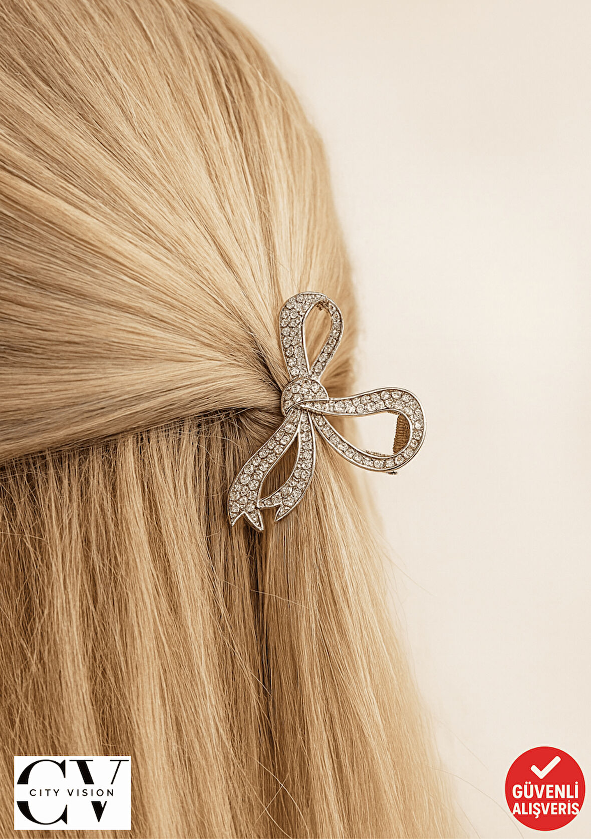 Taşlı Gümüş Renk Çift Taraflı Metal Mandal Saç Tokası 4 cm Küçük Boy