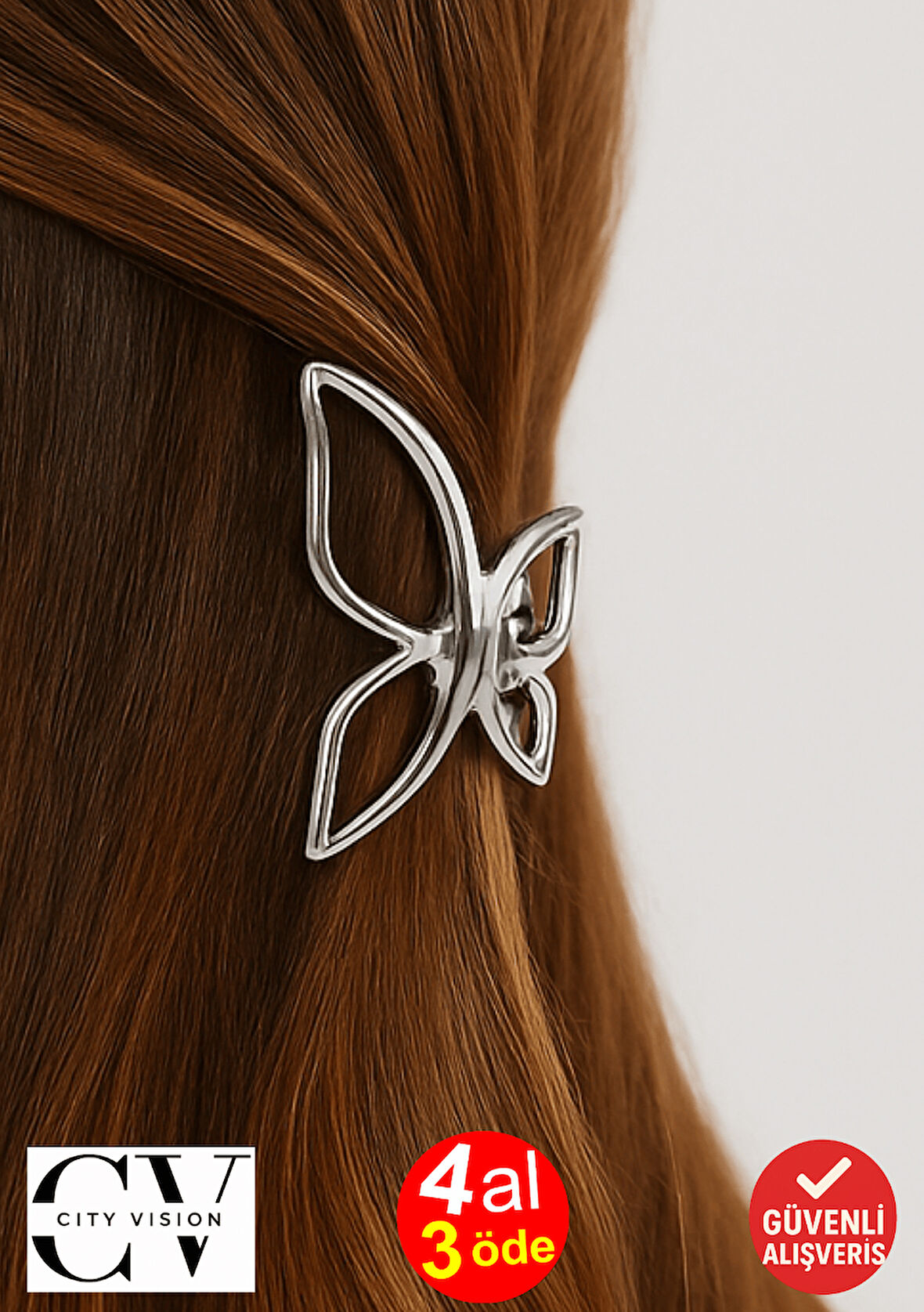 Gümüş Renk Kelebek Model Metal Saç Tokası 4 cm Küçük Boy – Şık ve Dayanıklı Kadın Saç Aksesuarı