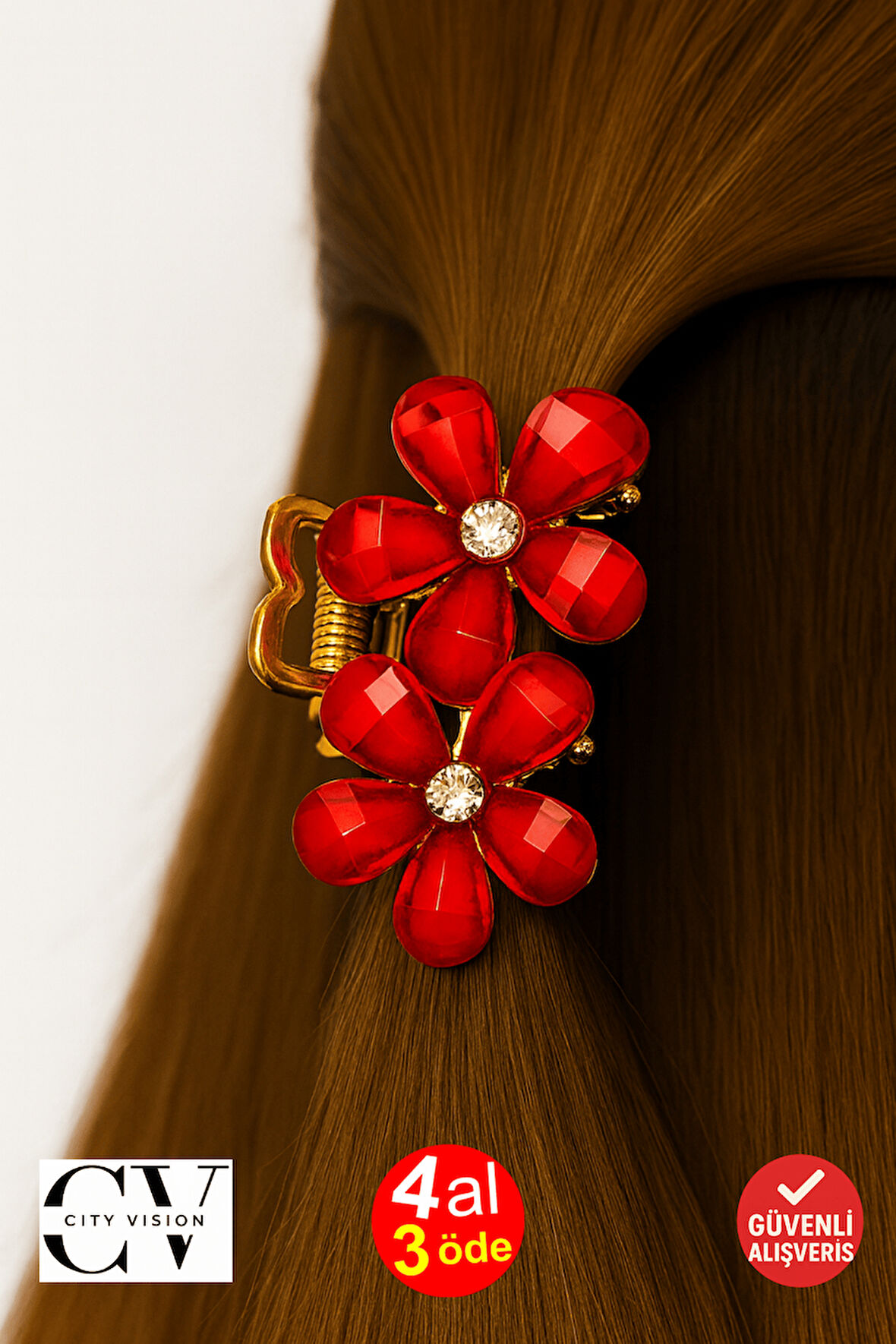 Kırmızı Taşlı Çiçek Metal Mandal Toka 4 cm 