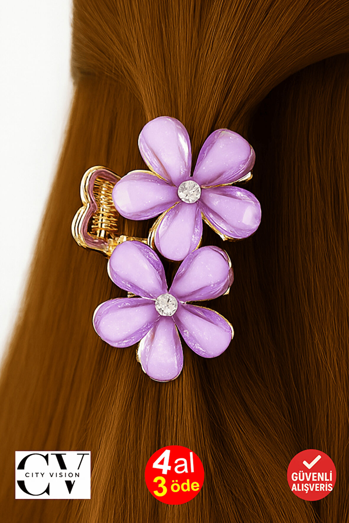 Mor Taşlı Çiçek Metal Mandal Toka 4 cm