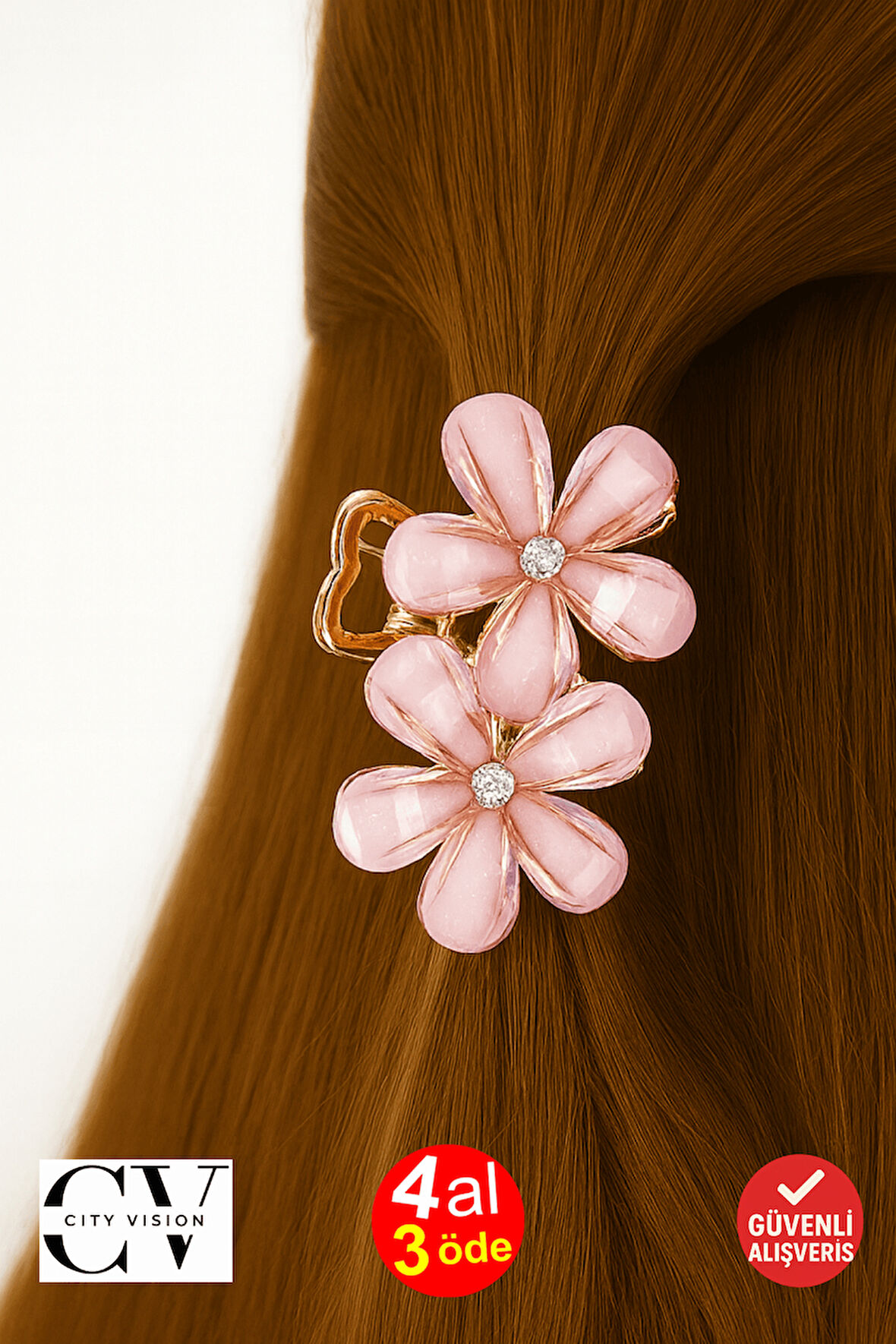 Pembe Taşlı Çiçek Metal Mandal Toka 4 cm 