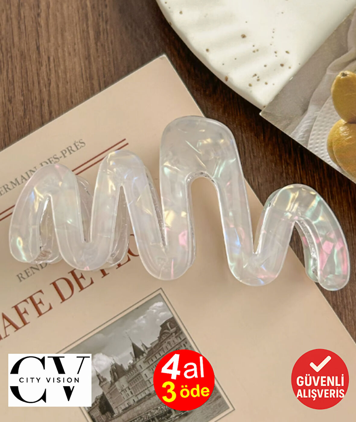 Dalga Model Beyaz Renk Asetat 10,5 cm Lüks Mandal Toka