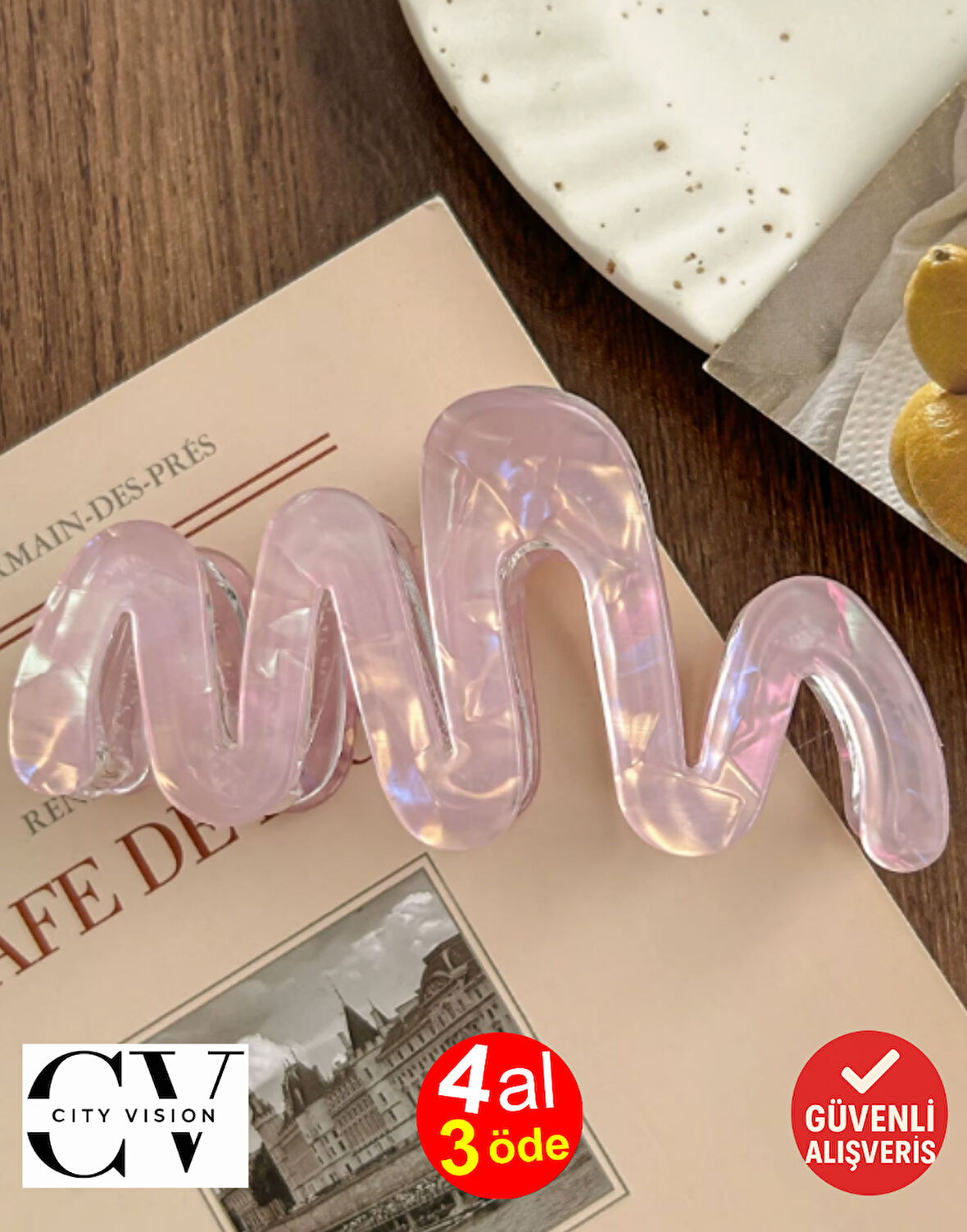 Dalga Model Pembe Renk Asetat 10,5 cm Lüks Mandal Toka