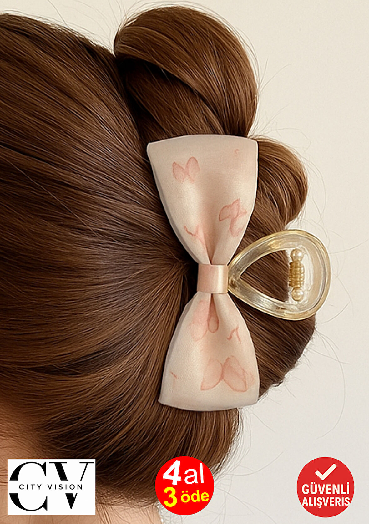 Pudra Pembe Kelebek Desenli Fiyonk Model Şeffaf Mandal Saç Tokası 11 cm  – Şık ve Zarif Tasarım